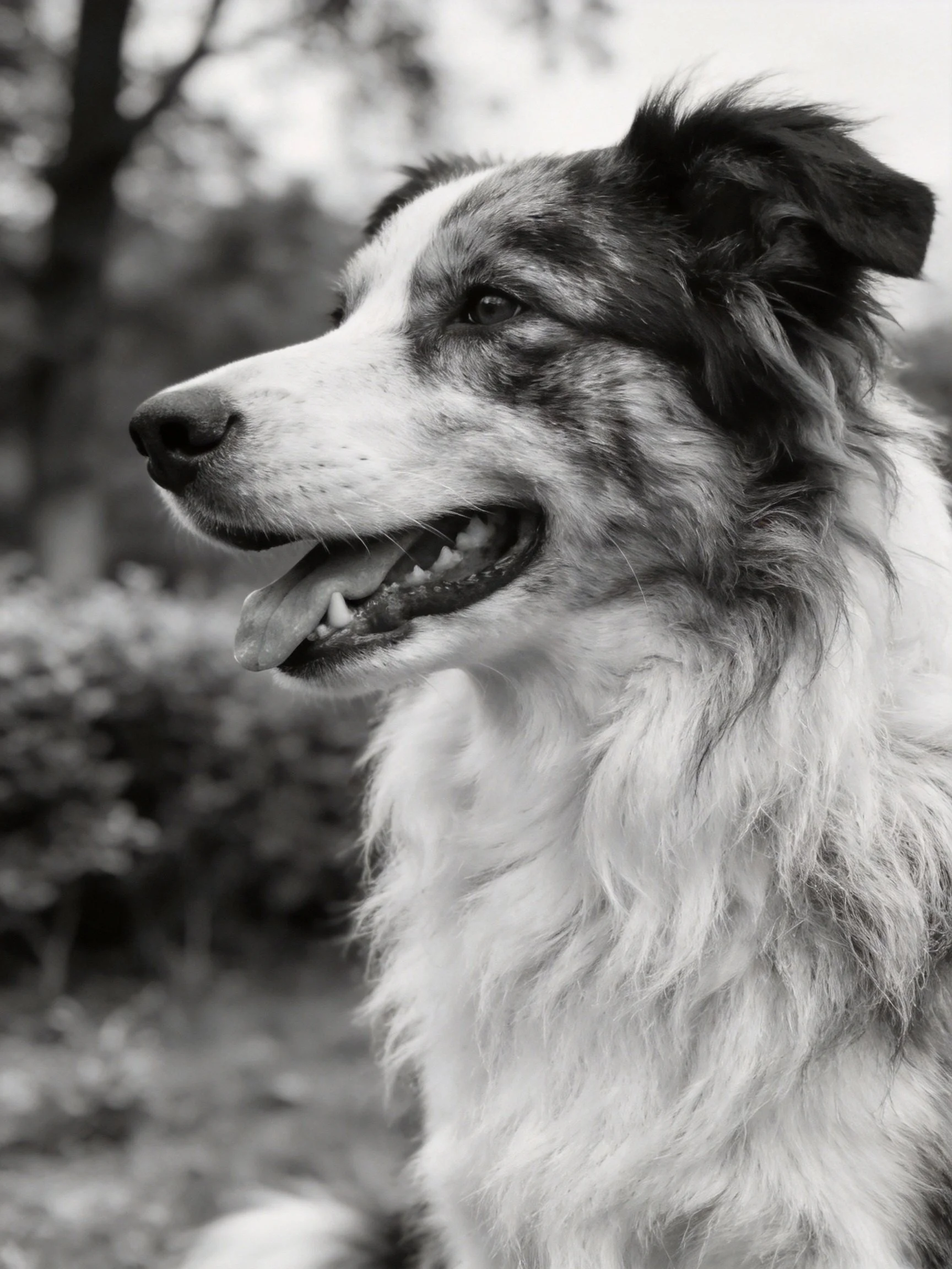 A black and white photo shows a collie with shaggy fur in a natural setting.