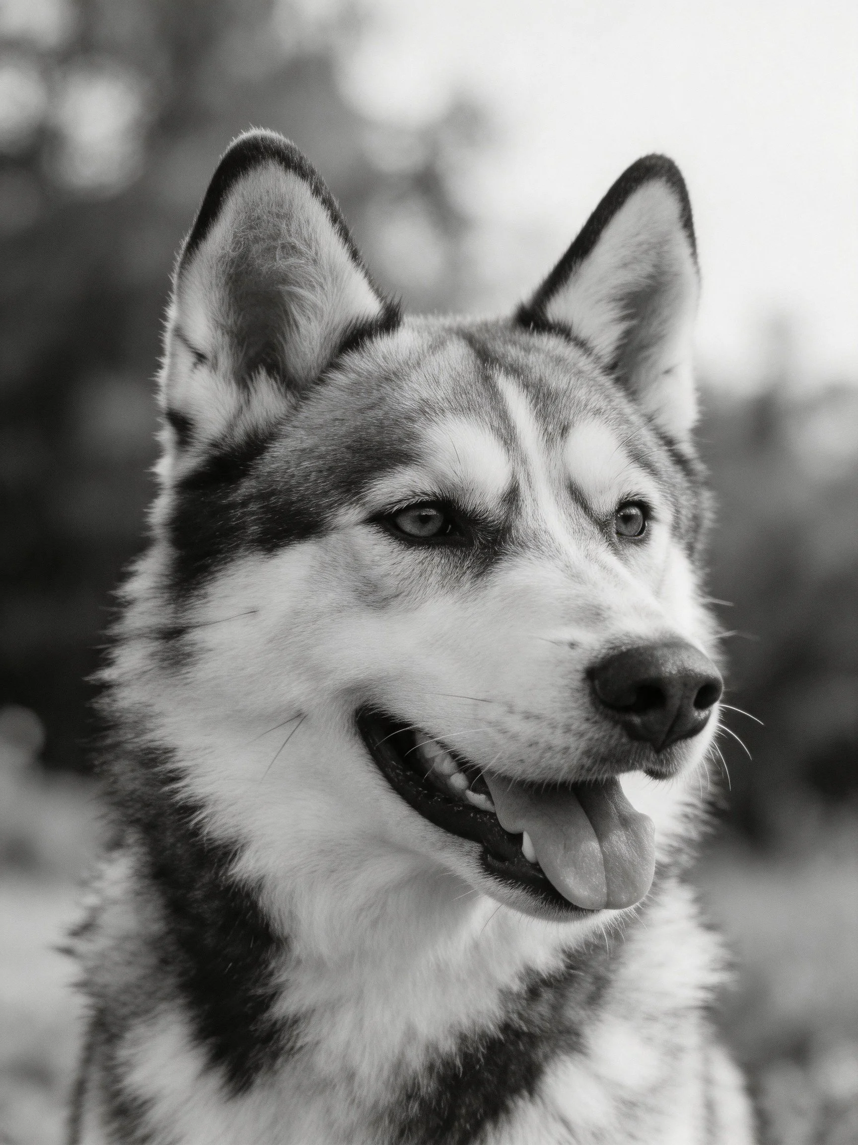 Black and white close-up of a content husky with upright ears