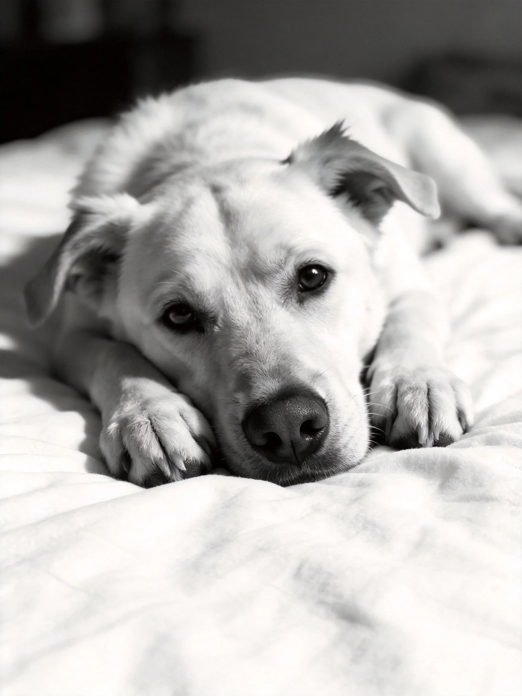 A black and white photograph shows a dog resting on a soft surface.