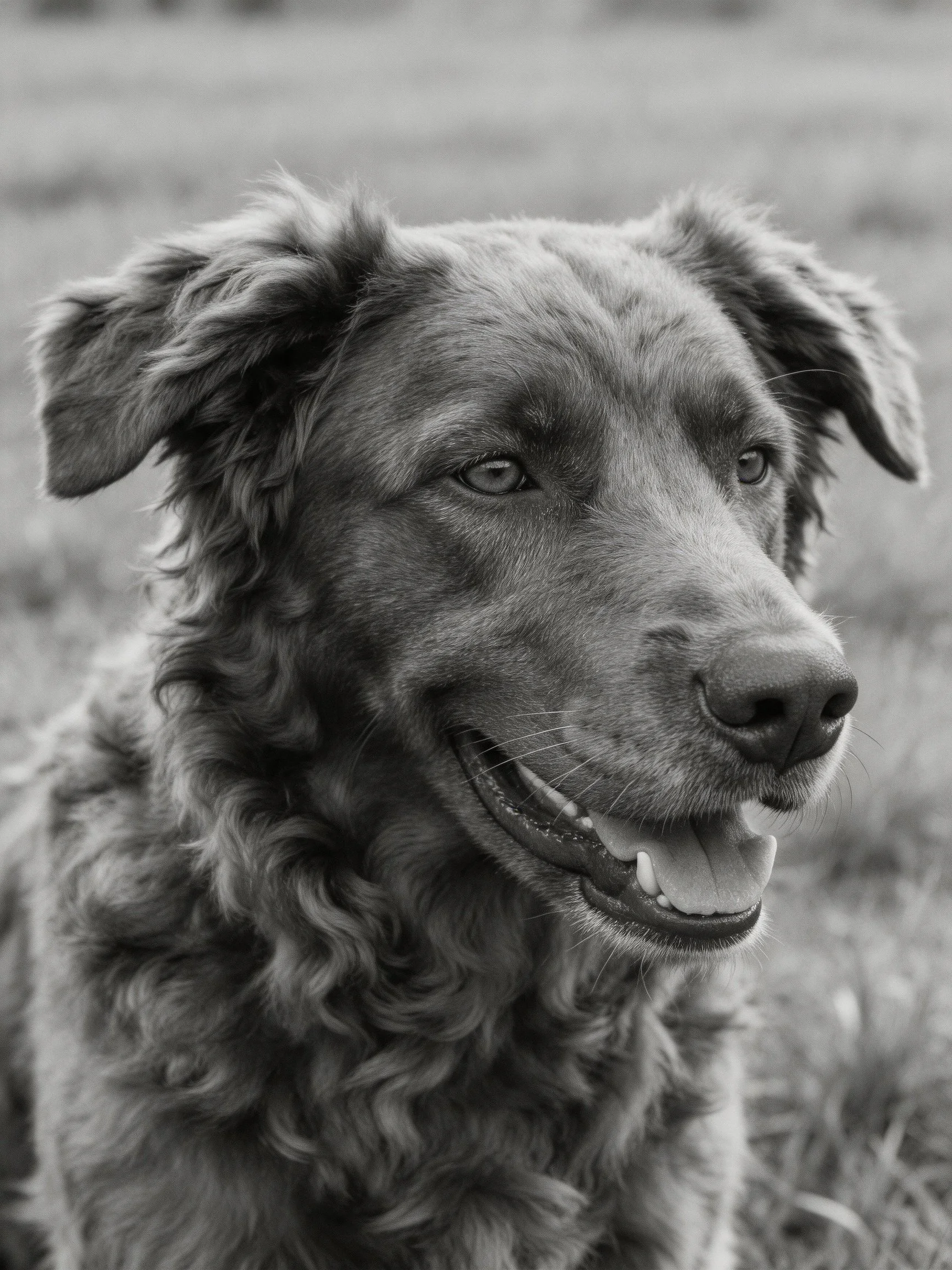 A black - and - white photograph showcases a dog with curly fur in an outdoor location.