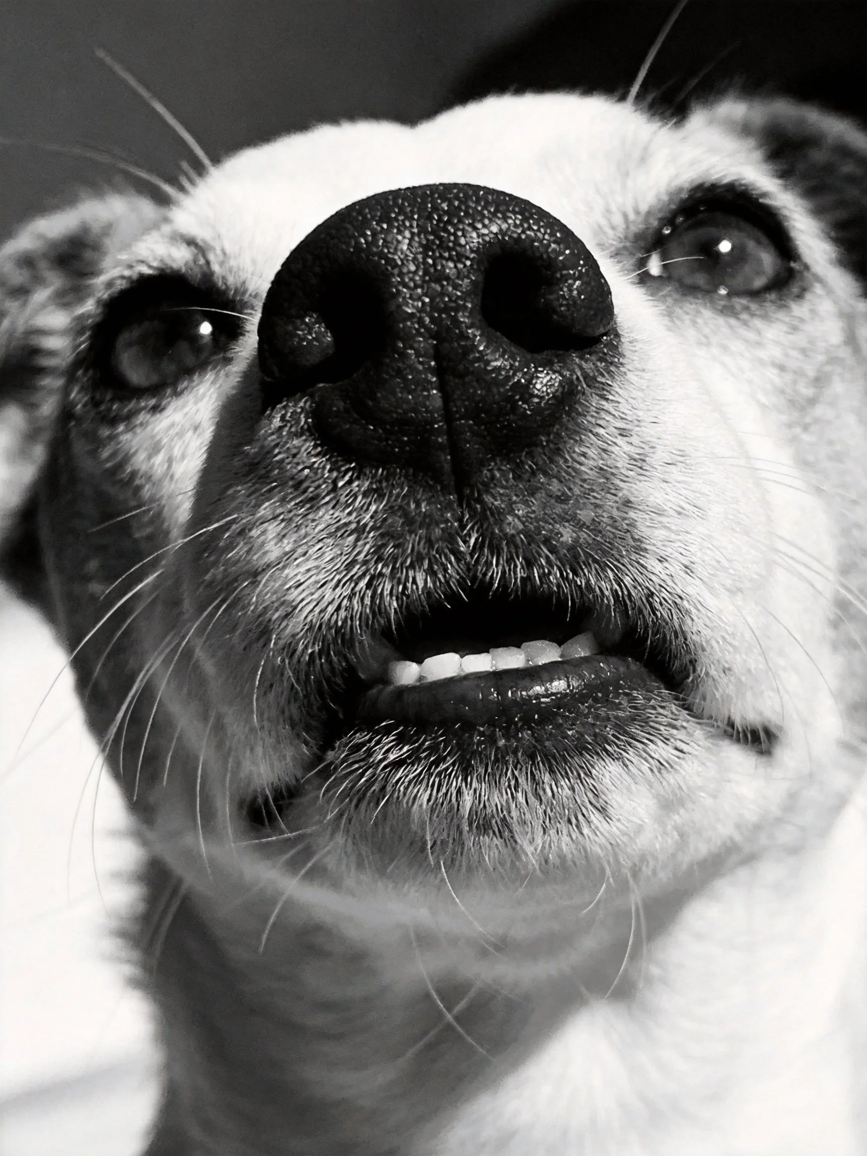 A black and white close - up highlights a dog’s facial features including its nose and mouth.