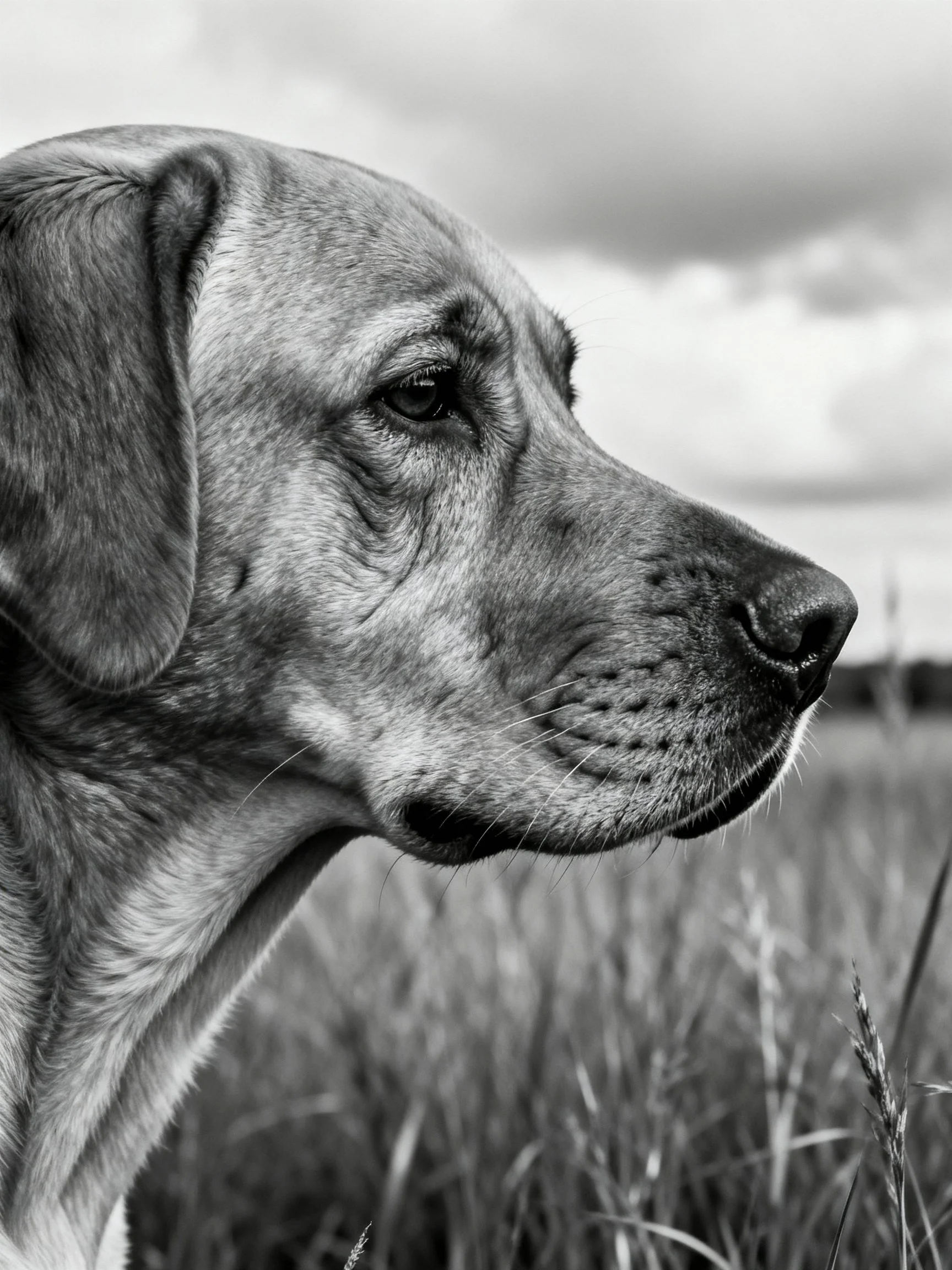 A black - and - white image shows a dog’s profile among tall grass.