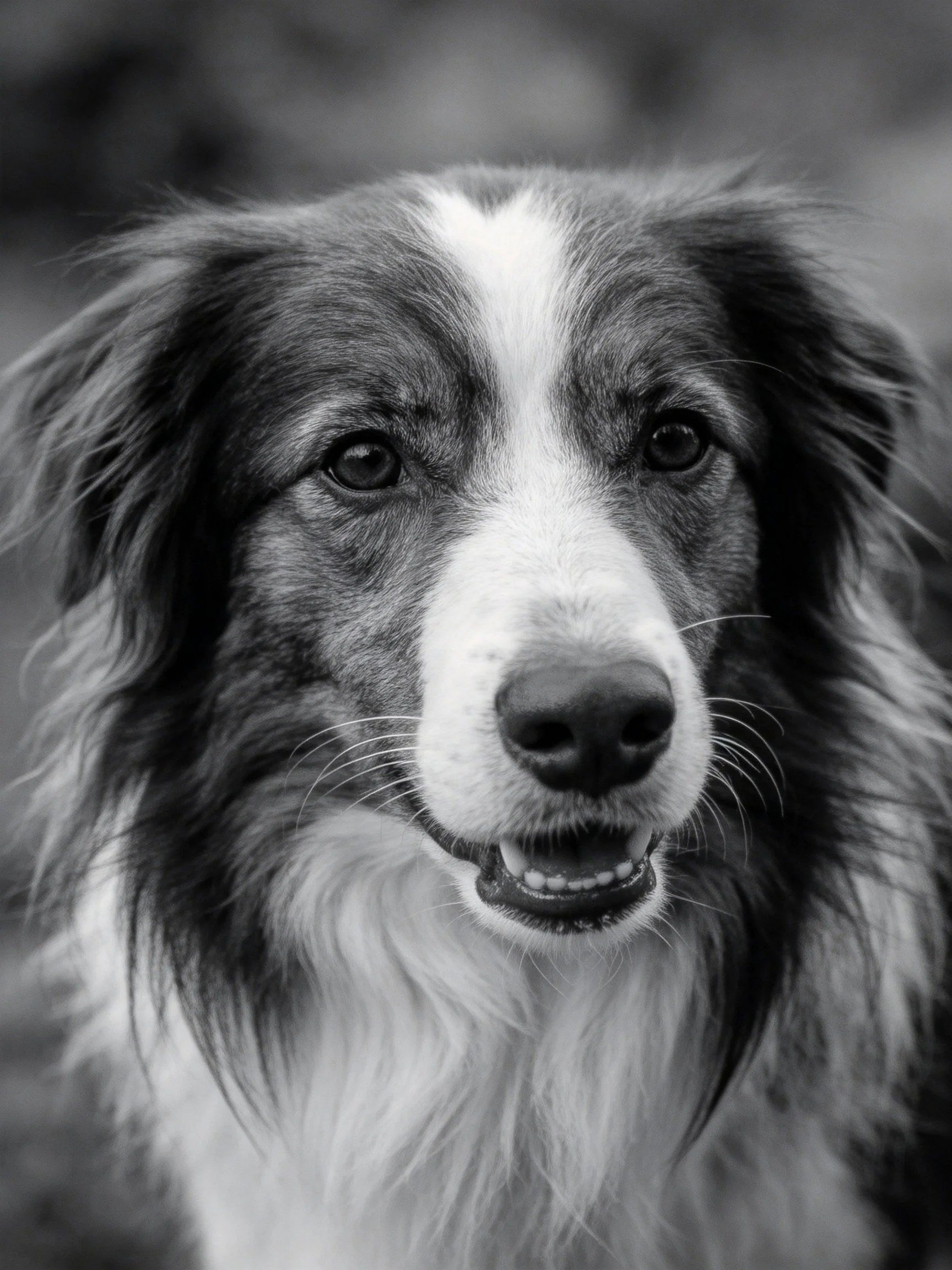 A black andwhite close - up showcases a dog with distinct facial markings.