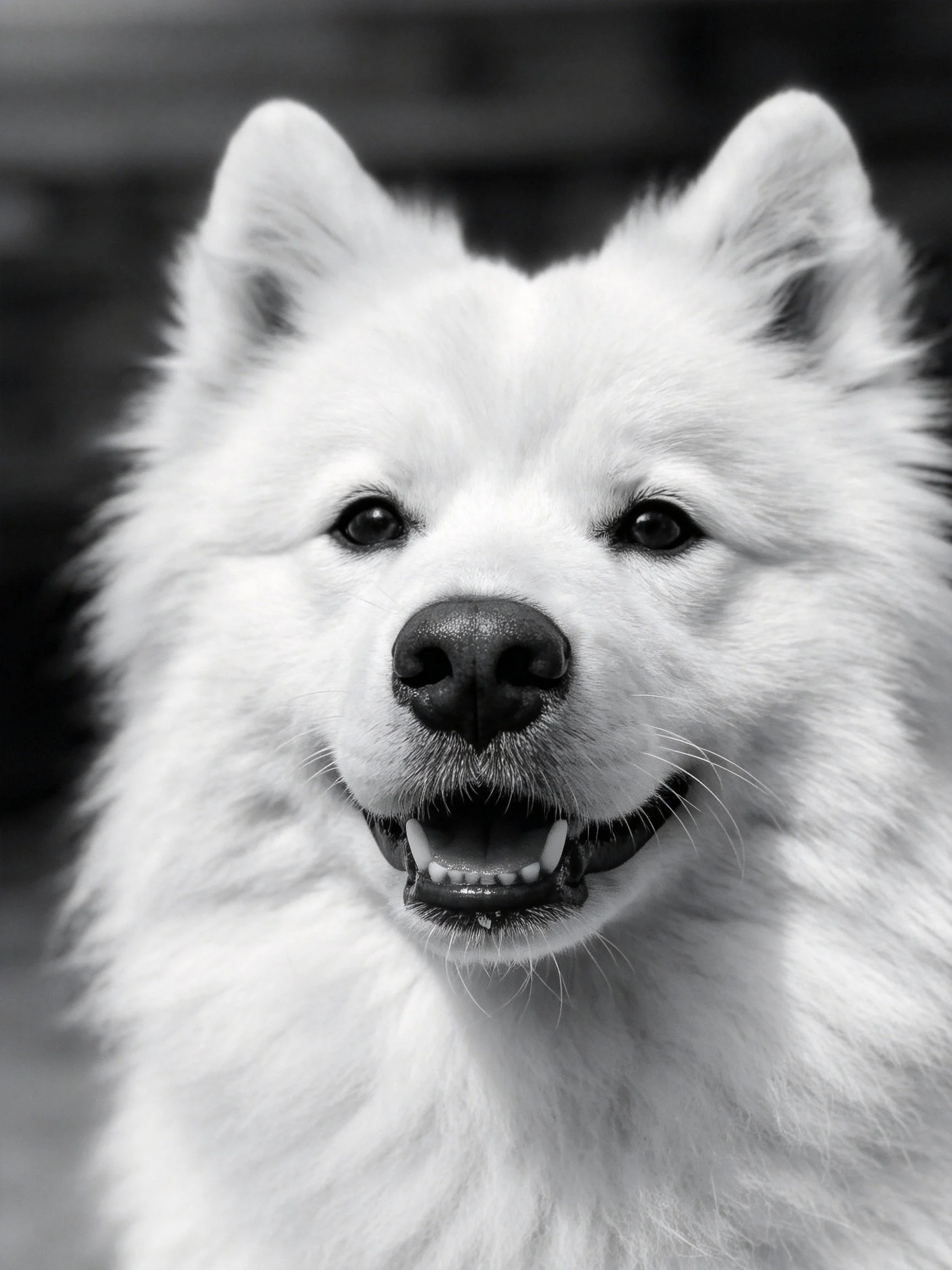 Black and white close-up of a fluffy white Samoyed dog