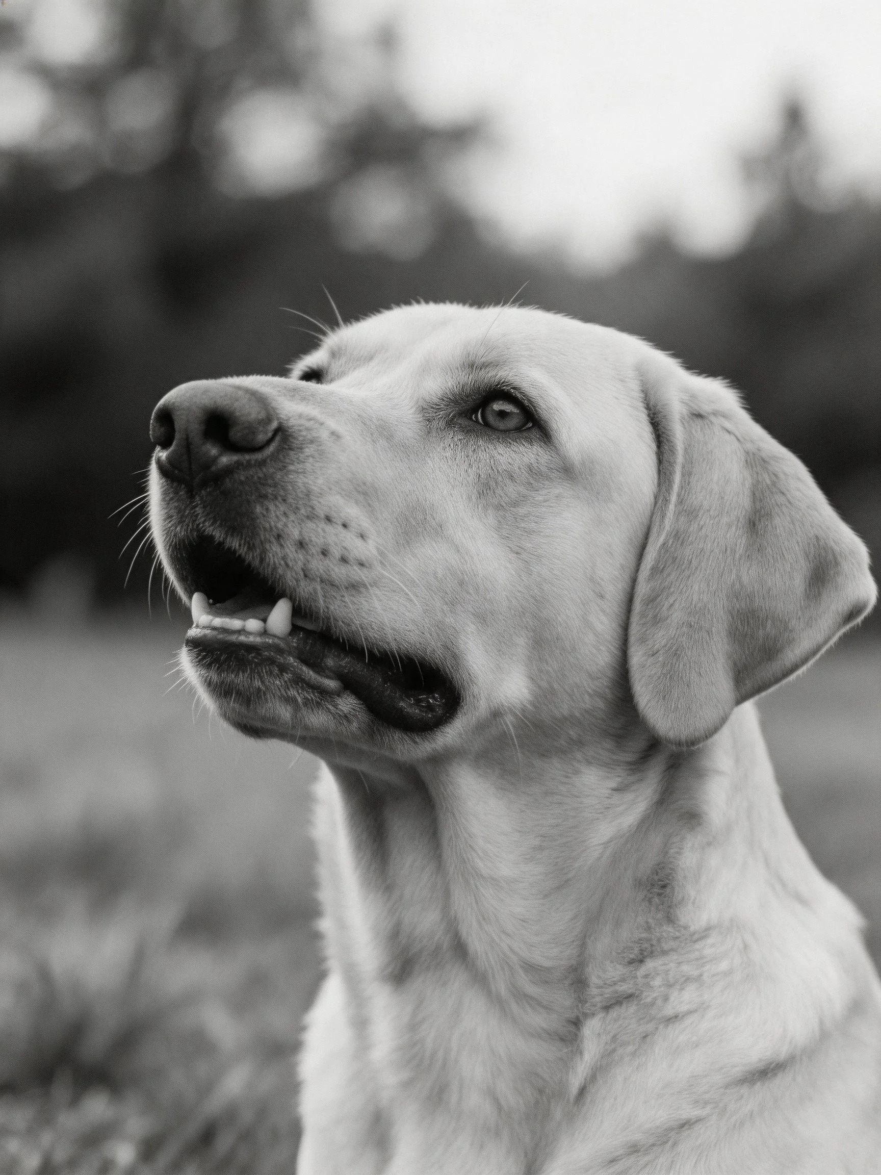 A black - and - white close - up shows a golden Labrador retriever gazing upward.