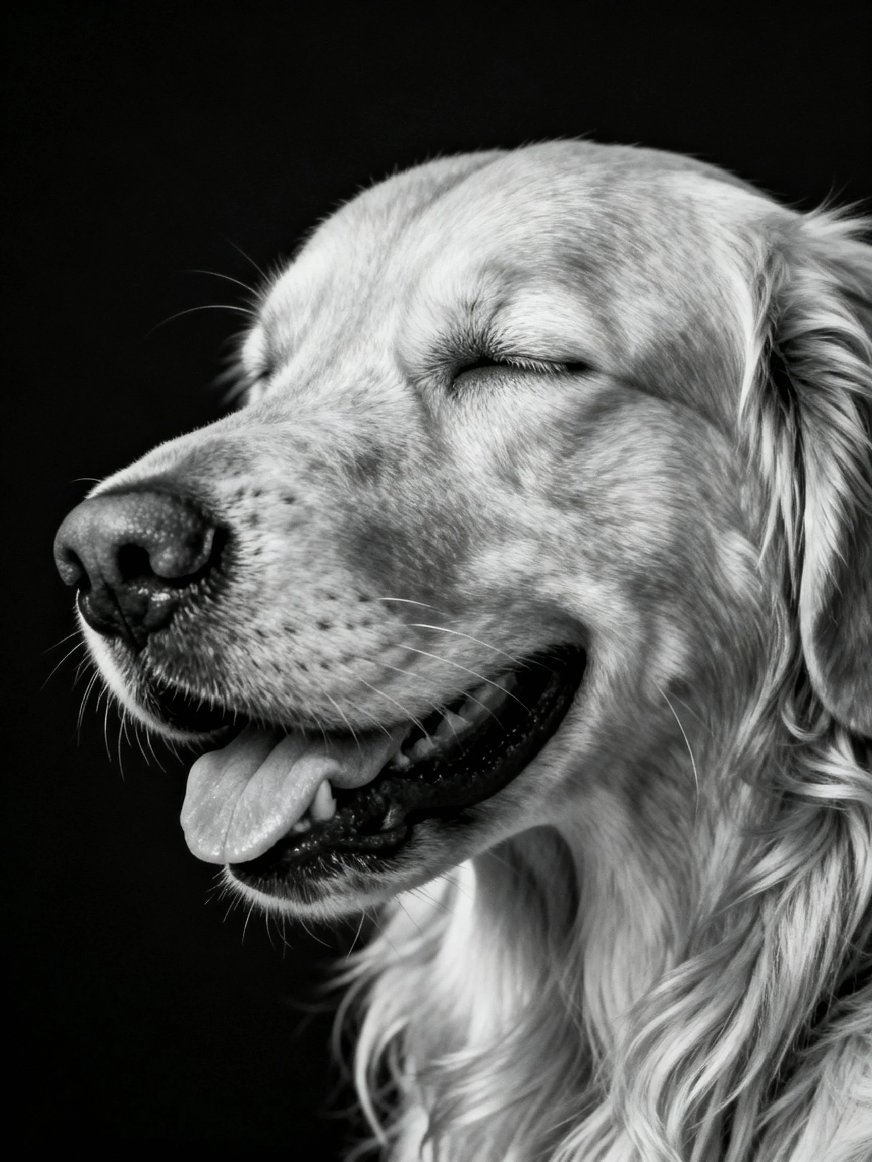 A golden retriever appears relaxed with closed eyes in a monochrome photograph.
