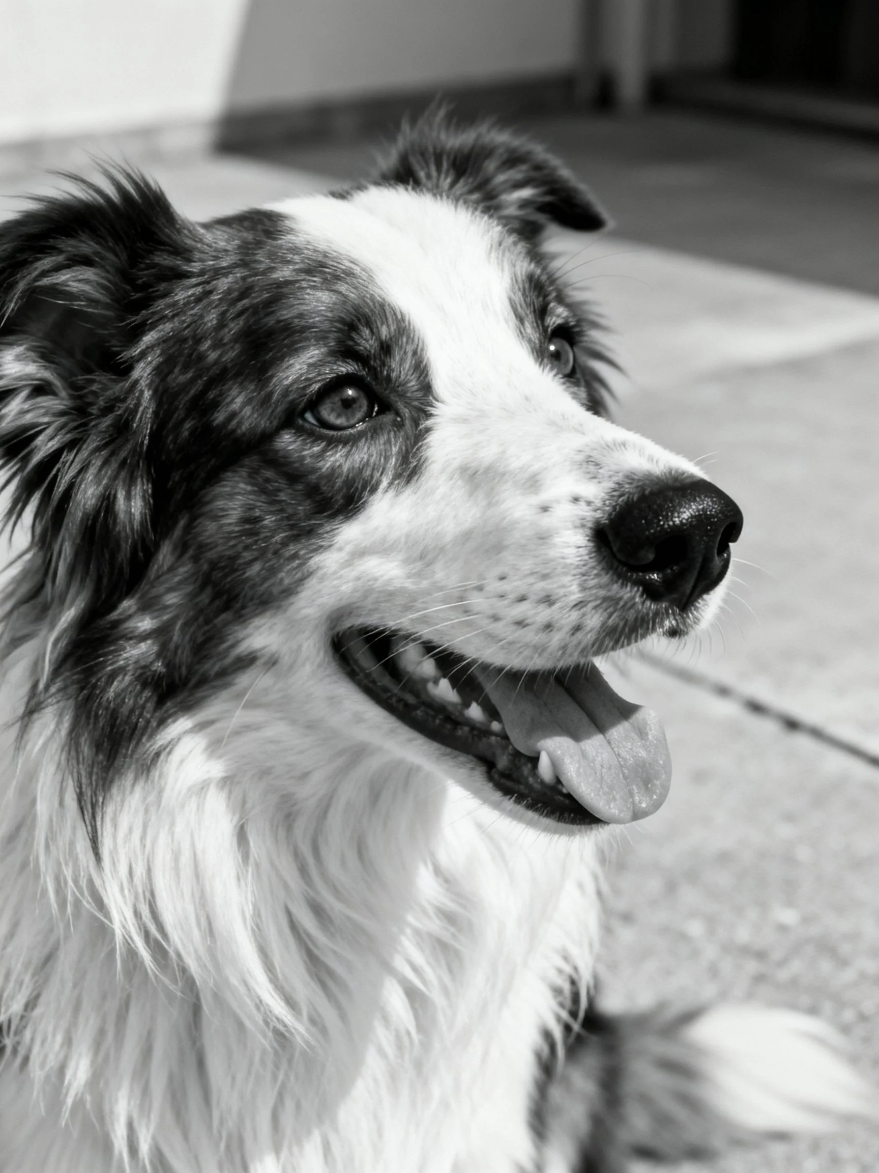 Black and white close-up of a joyful Border Collie with tongue out