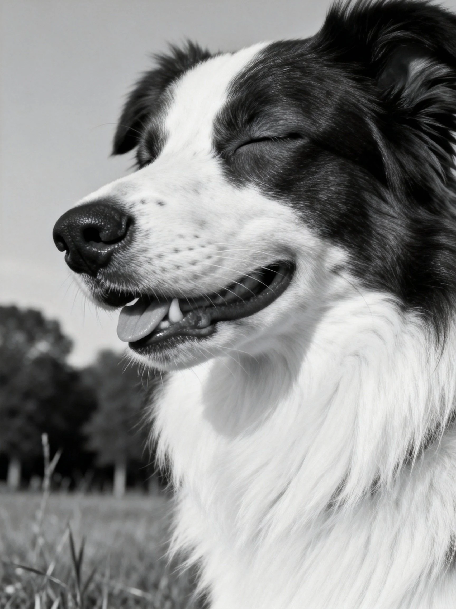 Black and white close-up of a joyful dog with closed eyes