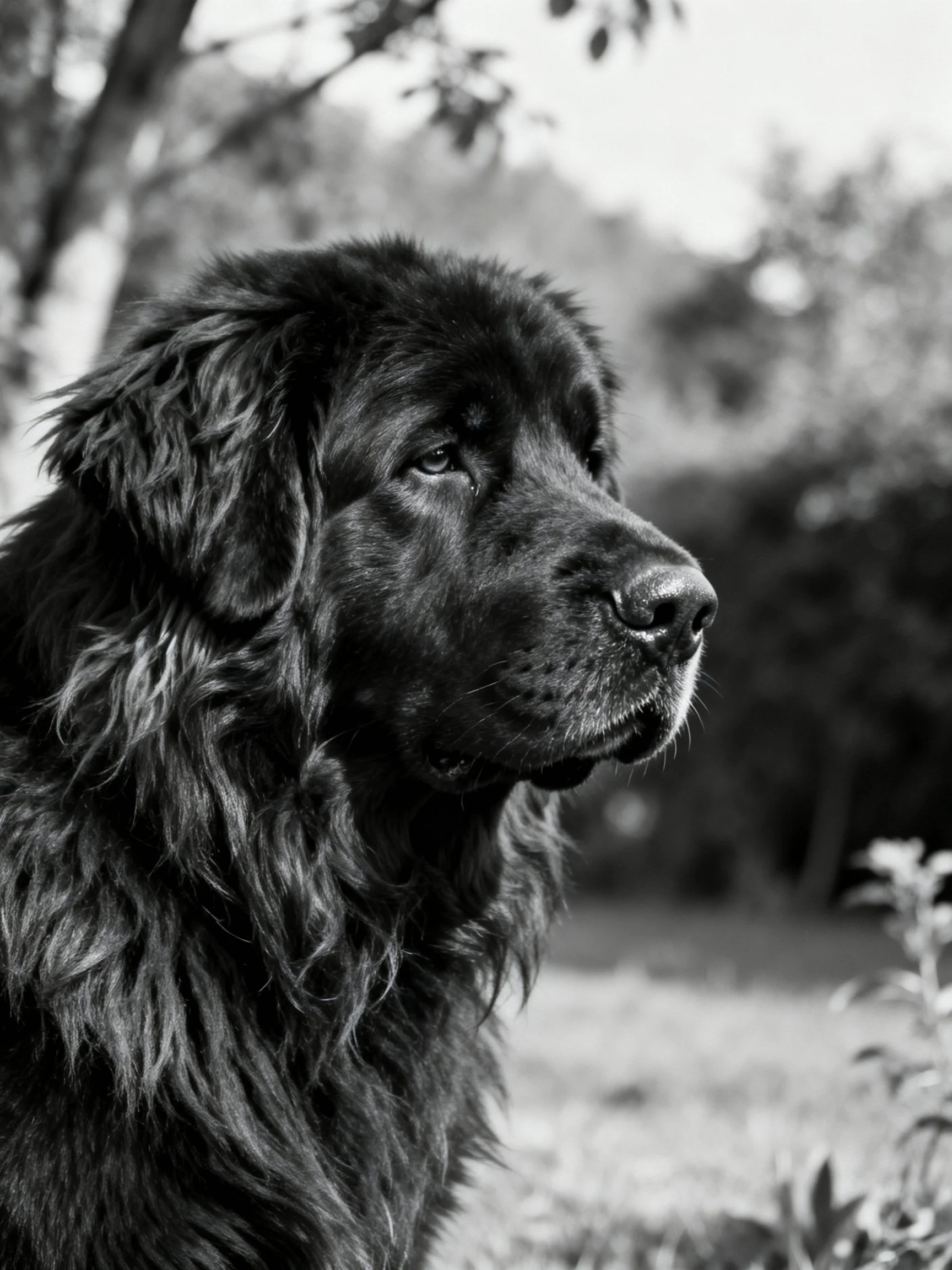 A black and white photograph shows a large dog with long, shaggy fur in an outdoor setting.