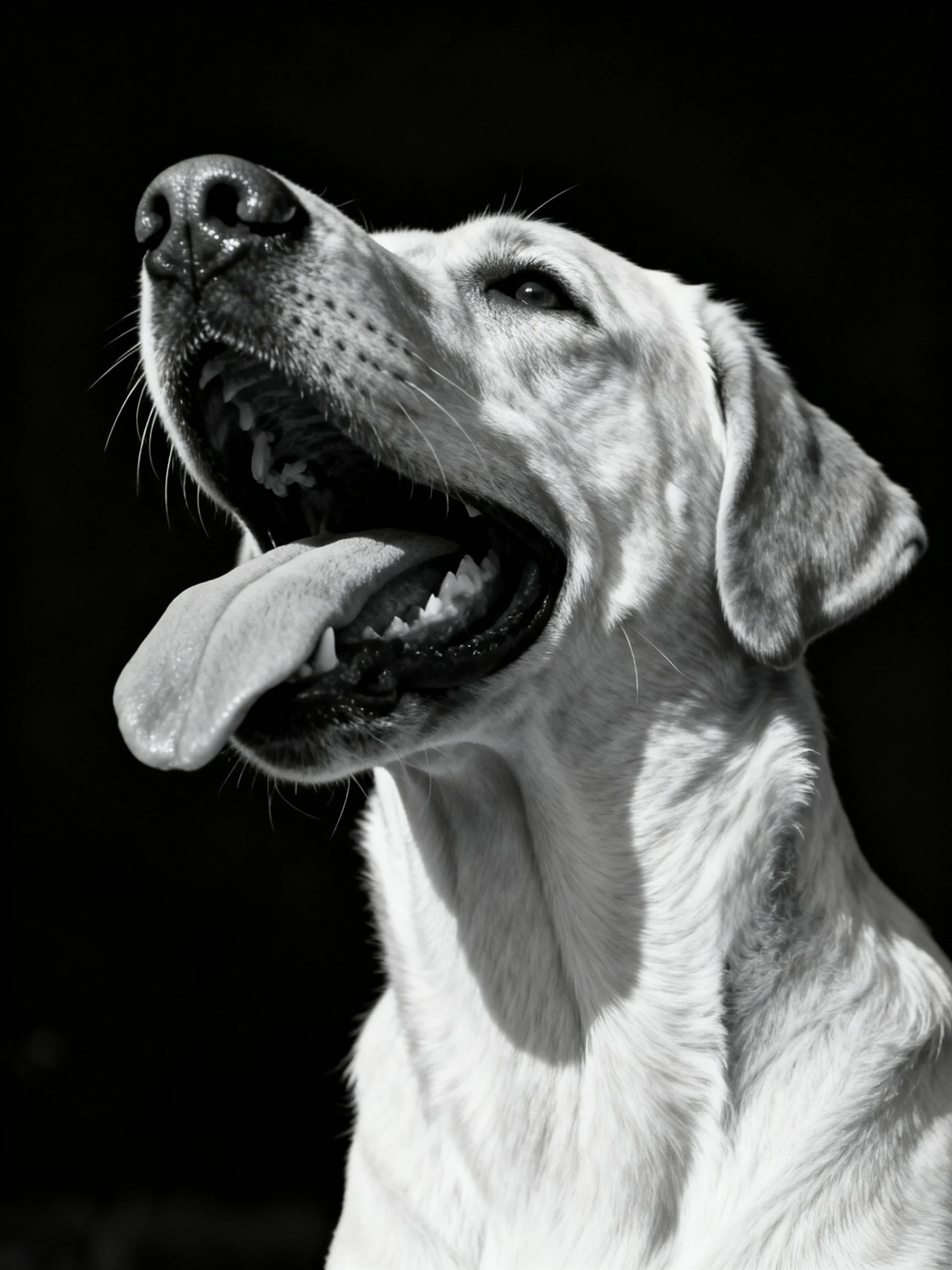 Black and white close-up of a panting dog with open mouth