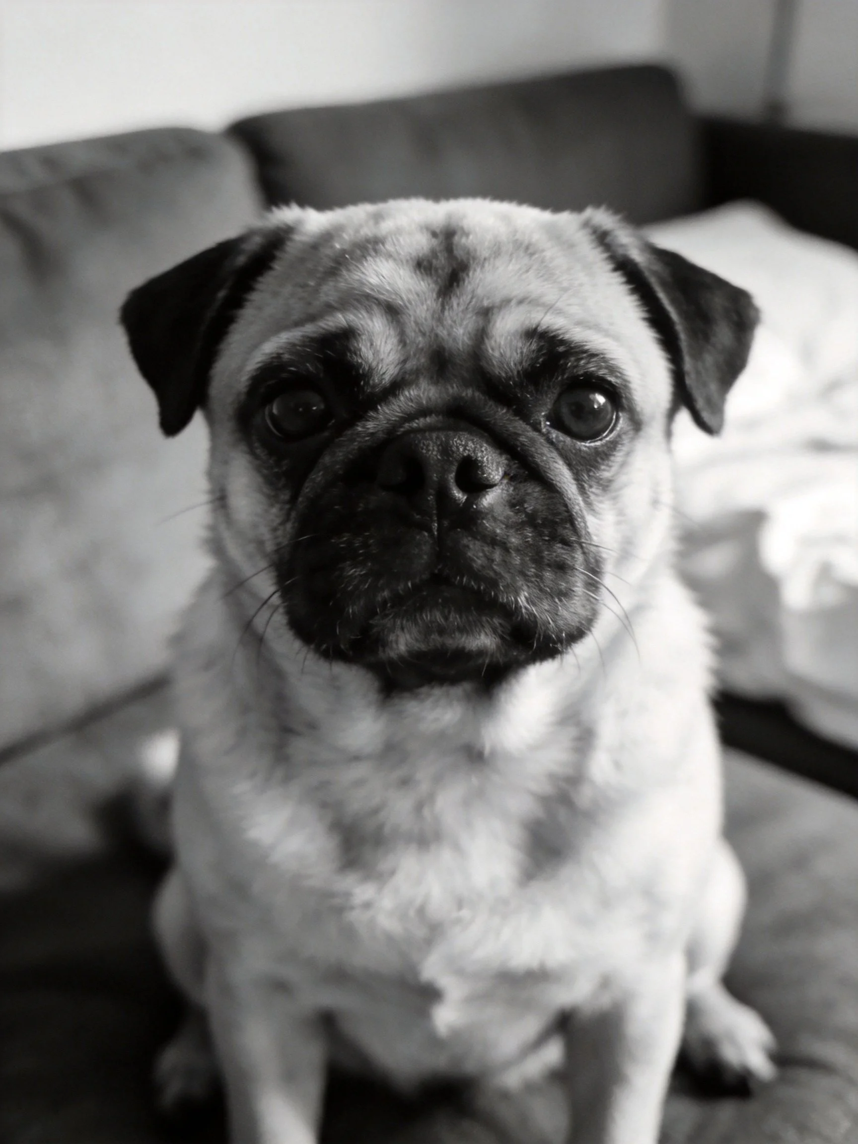 A pug sits on a couch in a black - and - white photograph.