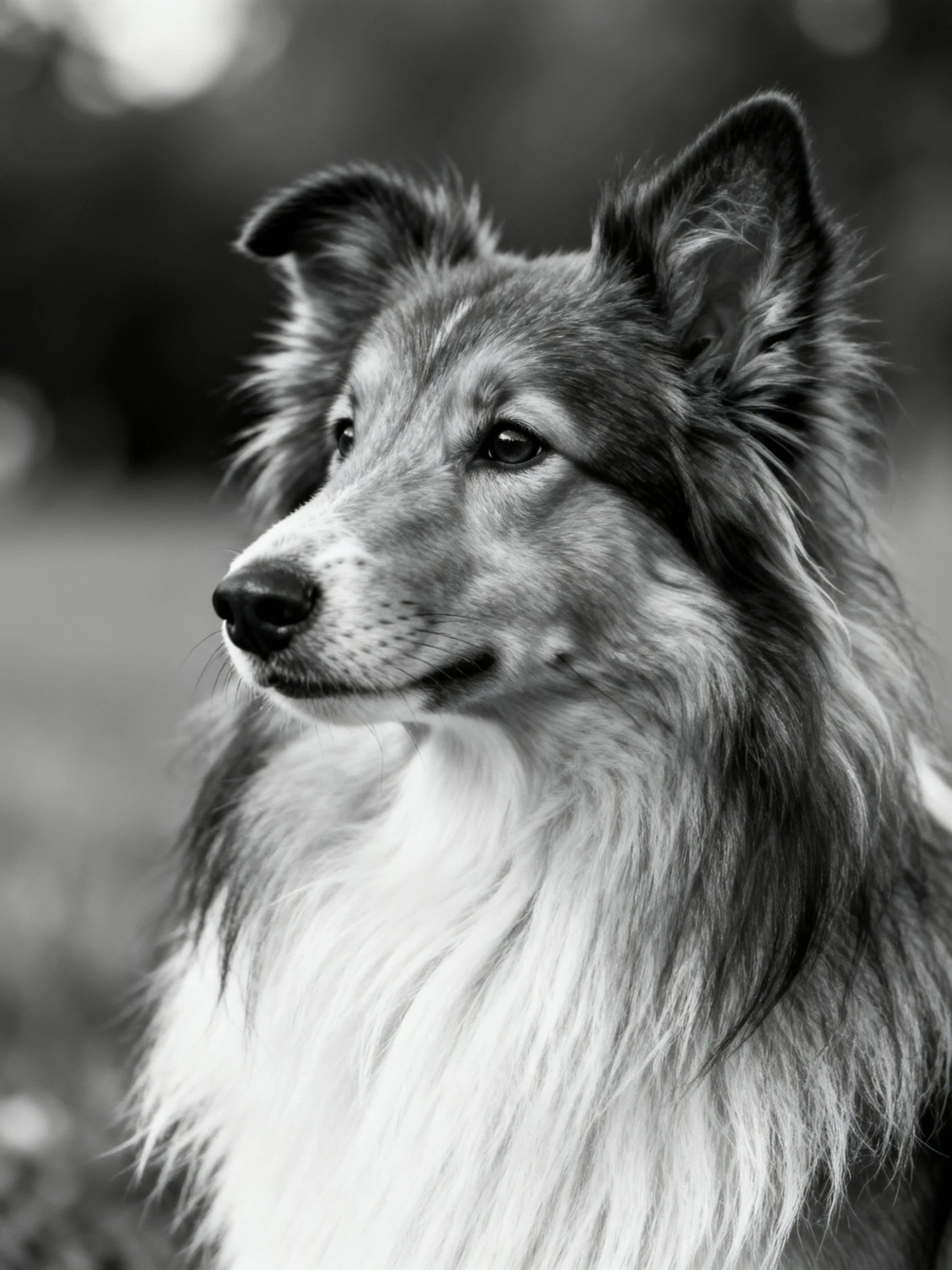 A black and white close - up of a shaggy - coated dog with expressive features.