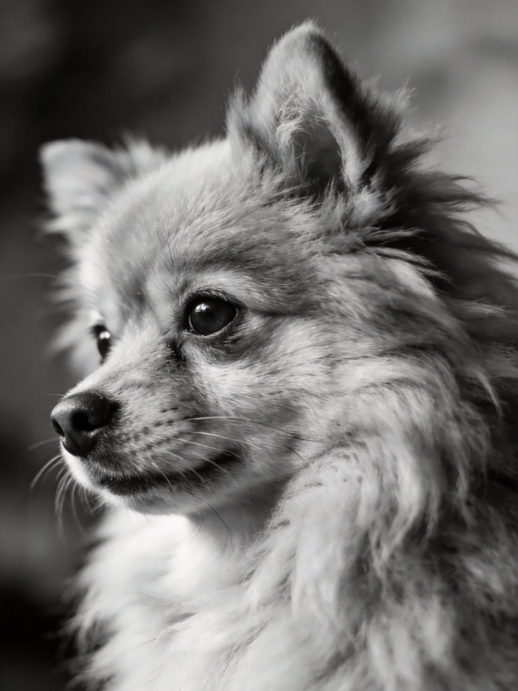 A black and white close-up of a small dog with tousled fur and expressive eyes.