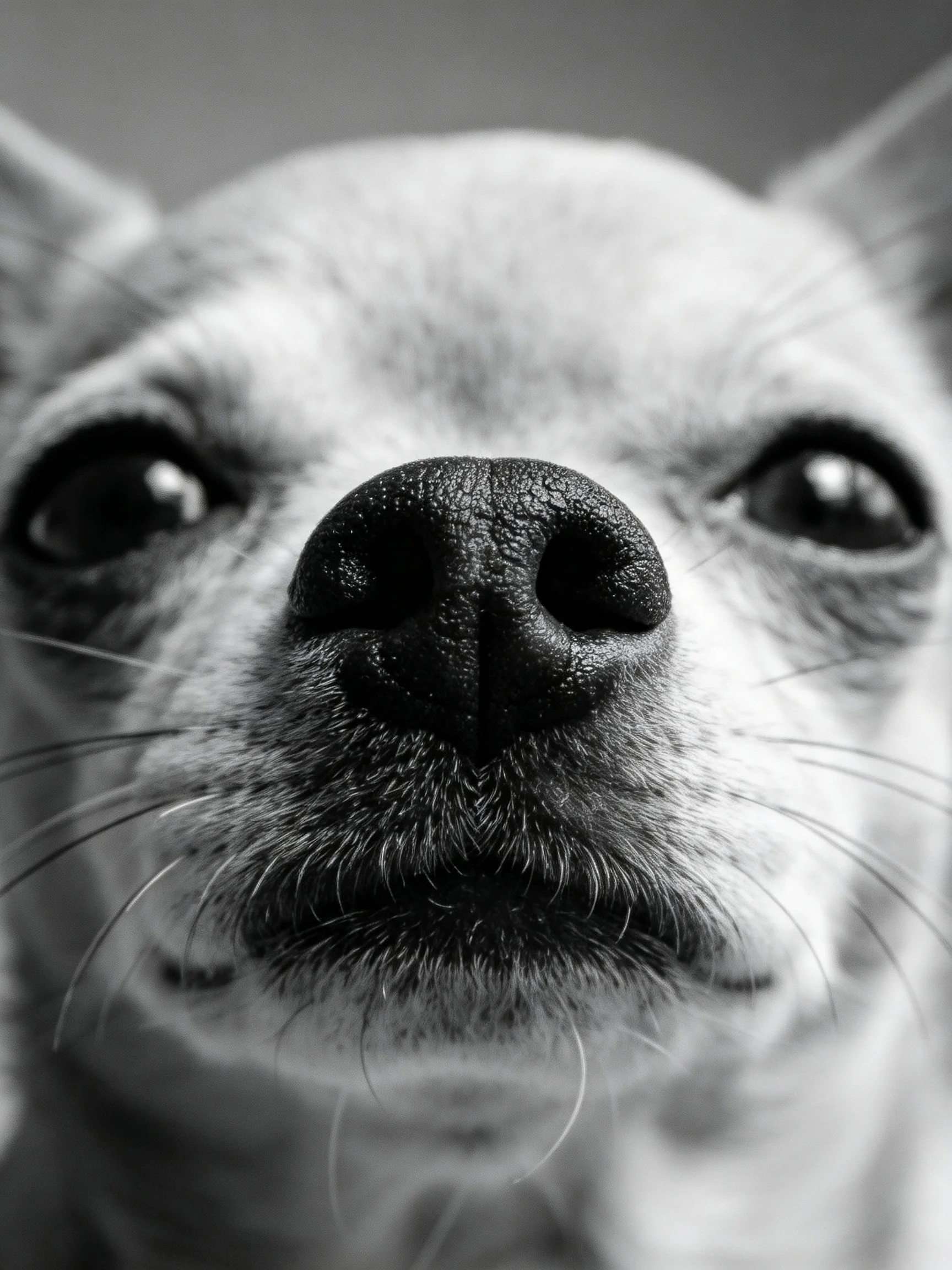 A black and white close - up highlights a small dog’s facial details.