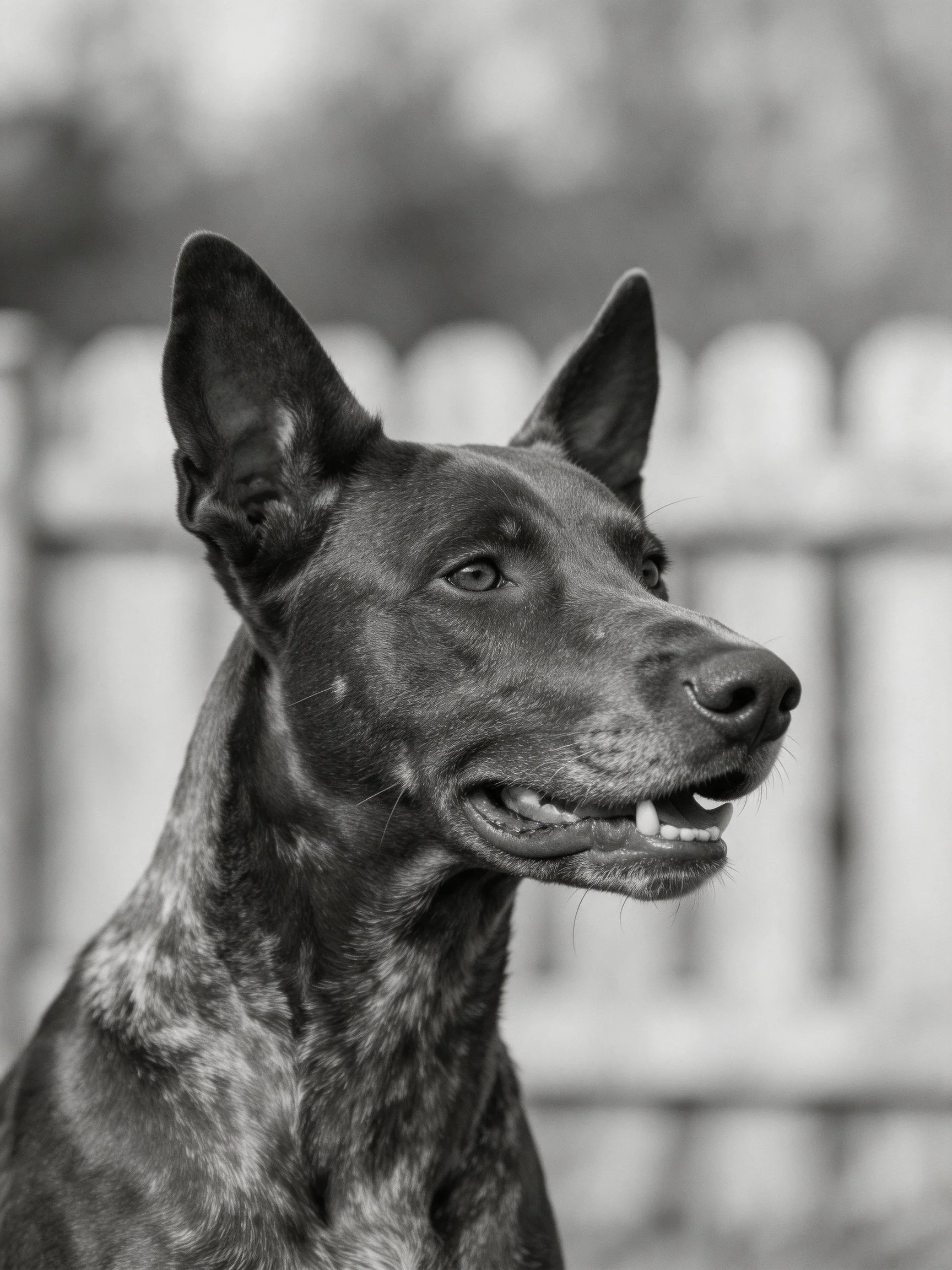 A black and white close-up depicts a dog with upright ears and a speckled coat.