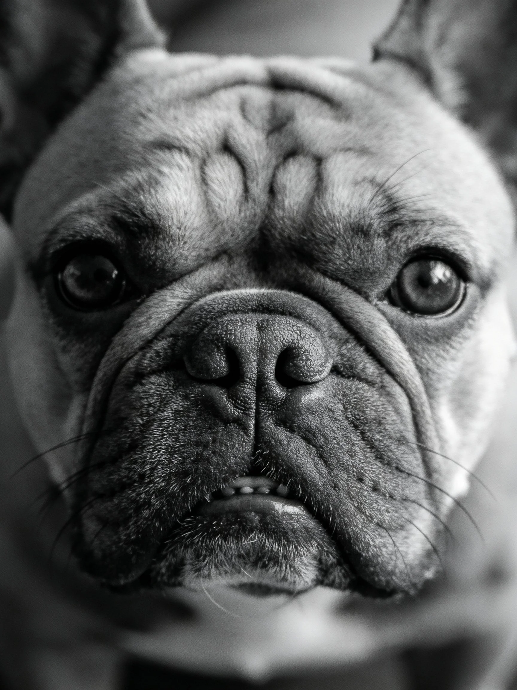 Black and white close-up portrait of a French Bulldog