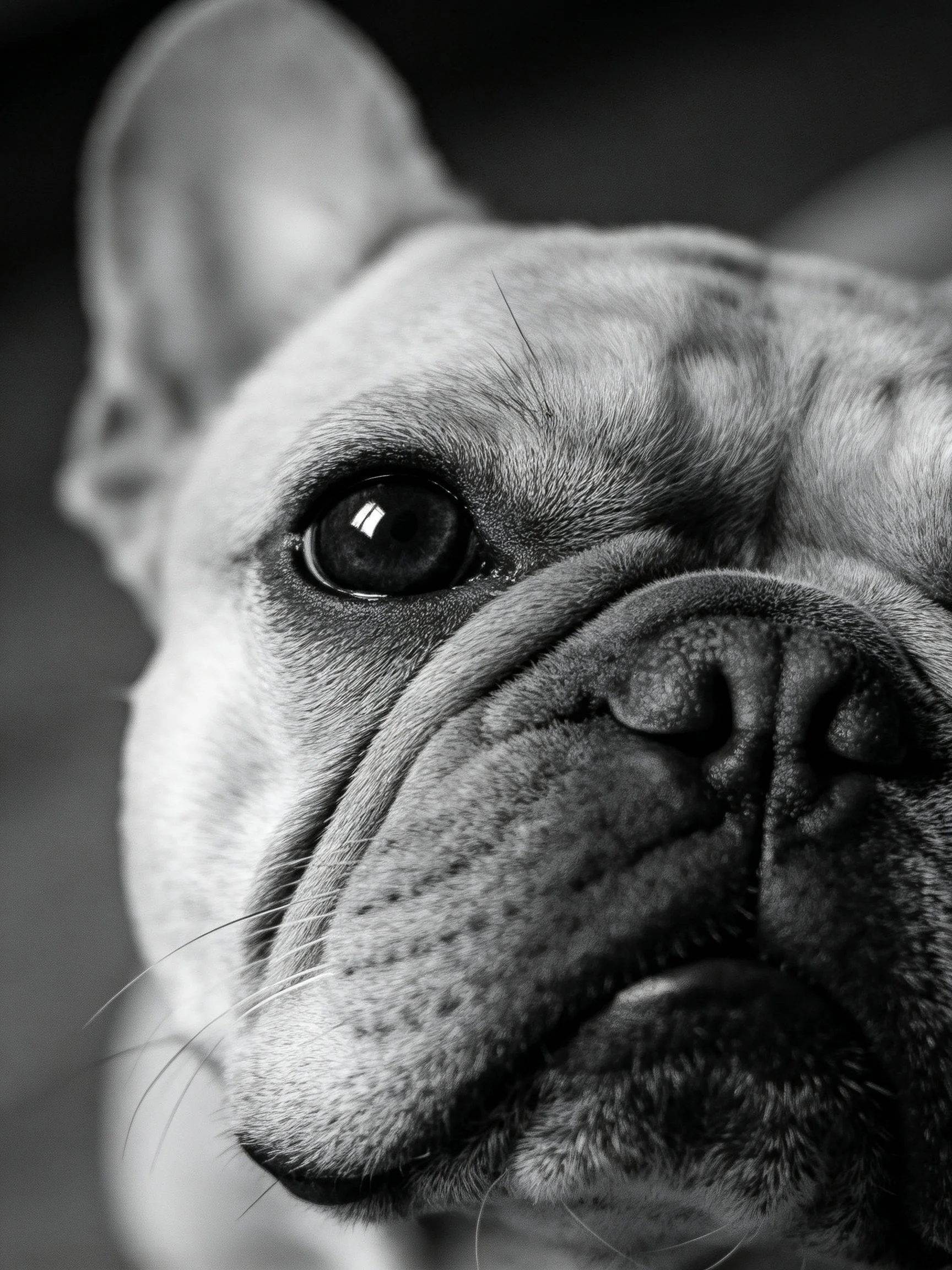 Black and white close-up portrait of a French bulldog