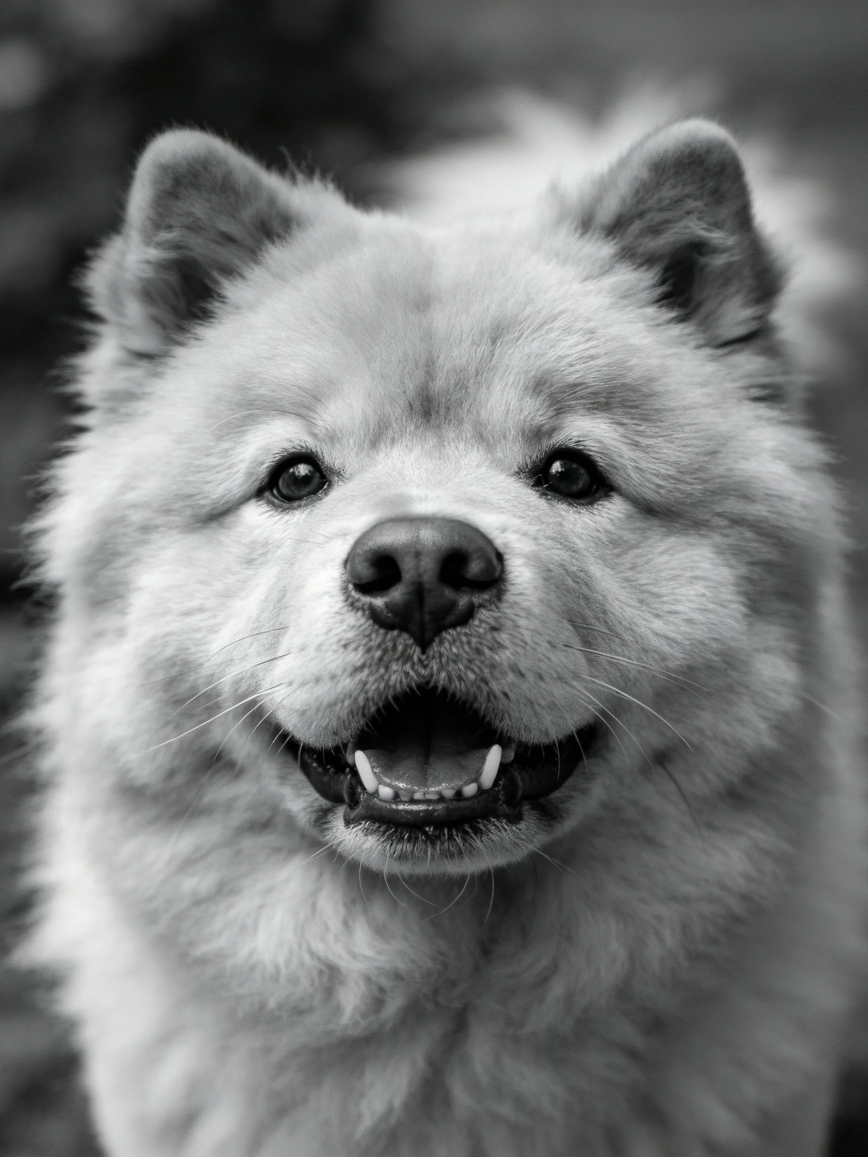 A black and white close - up portrait of a fluffy Chow Chow.