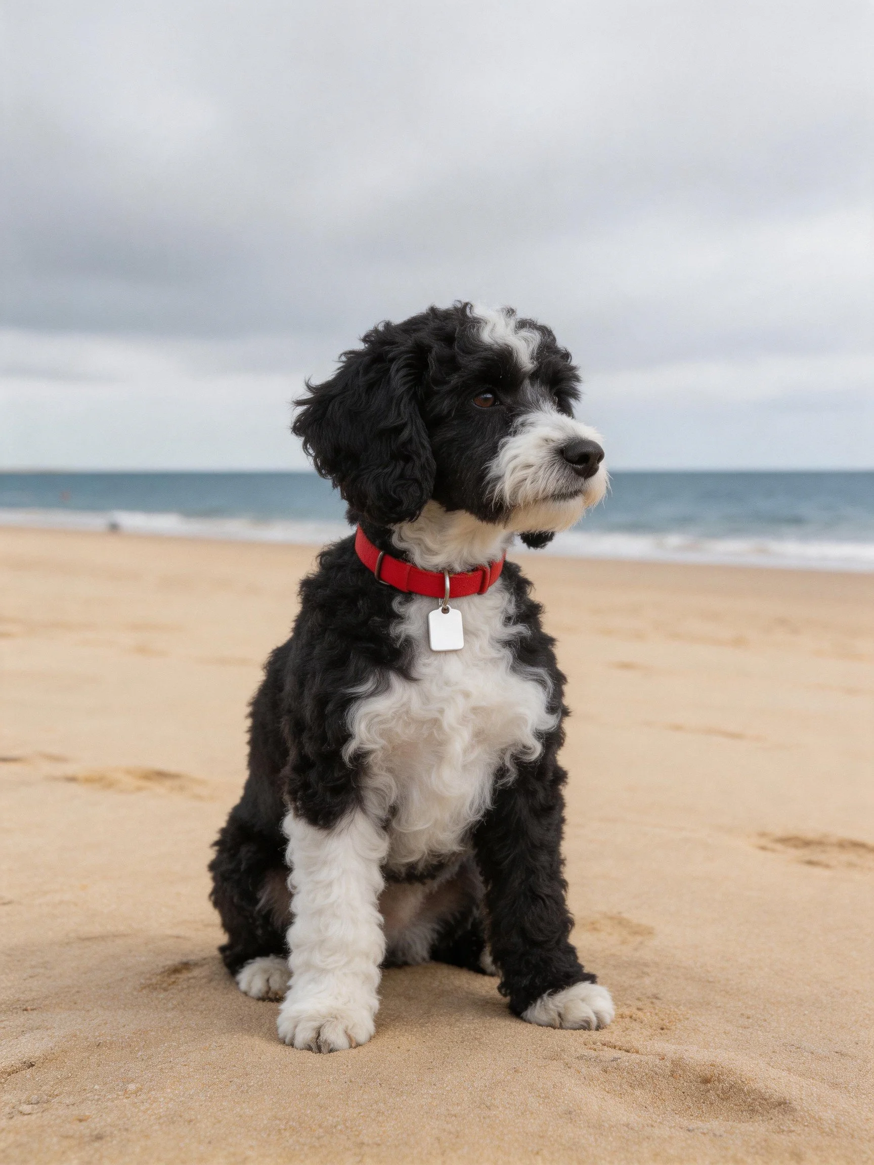 Black and white curly-haired dog sitting on sandy beach by ocean