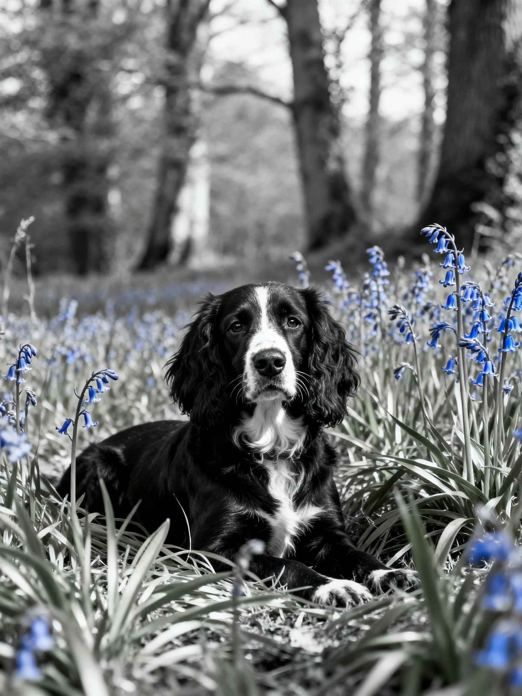 Black and white dog amidst bluebell flowers in a forest