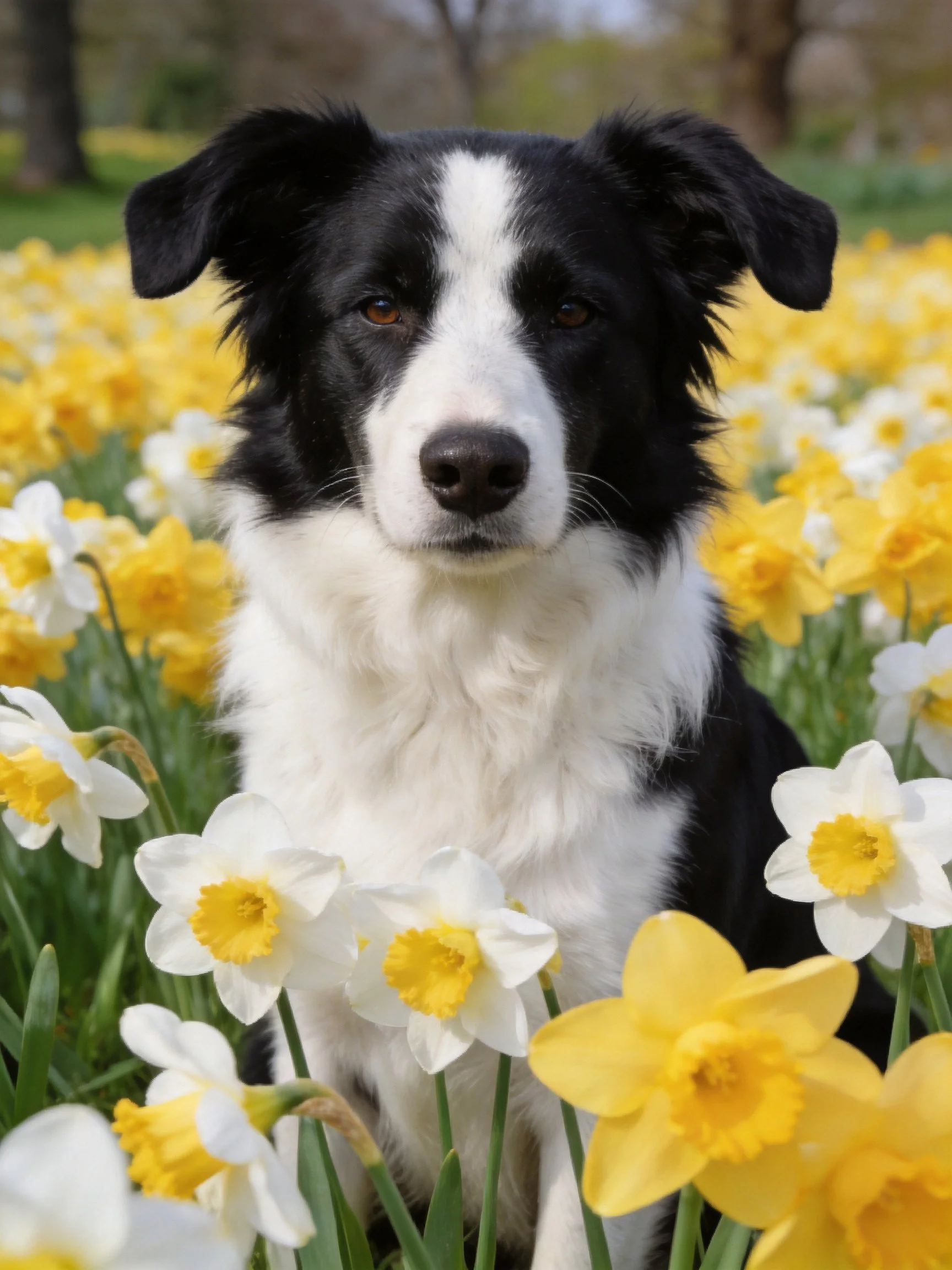 A black and white dog sits calmly amid a colorful daffodil field.