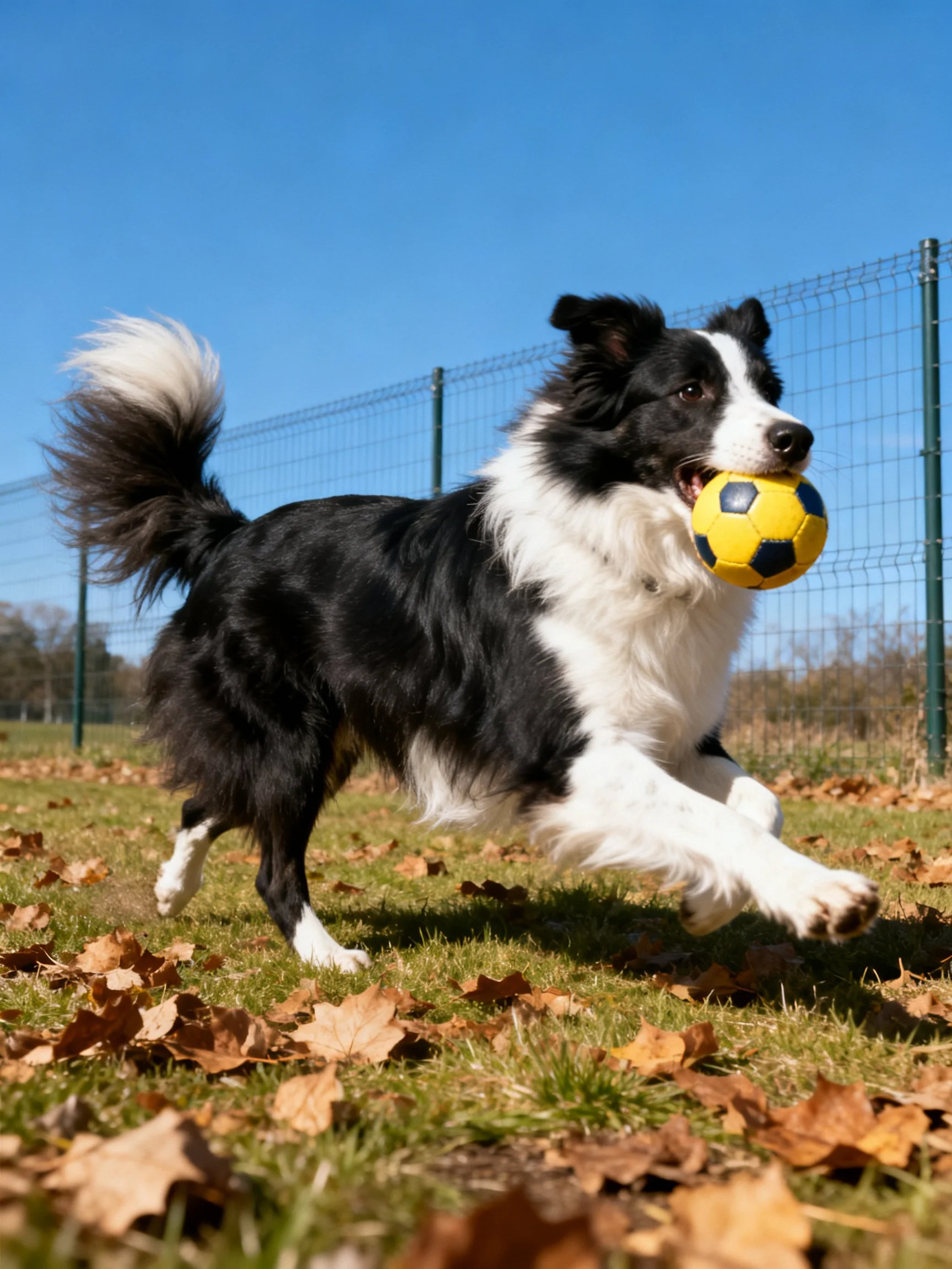 A black and white dog runs with a yellow soccer ball through a leafy grassy area.