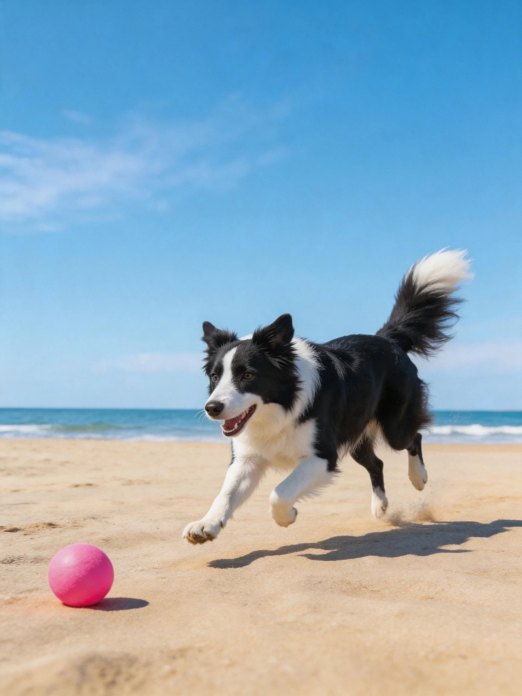 Black and white dog chasing pink ball on sunny beach