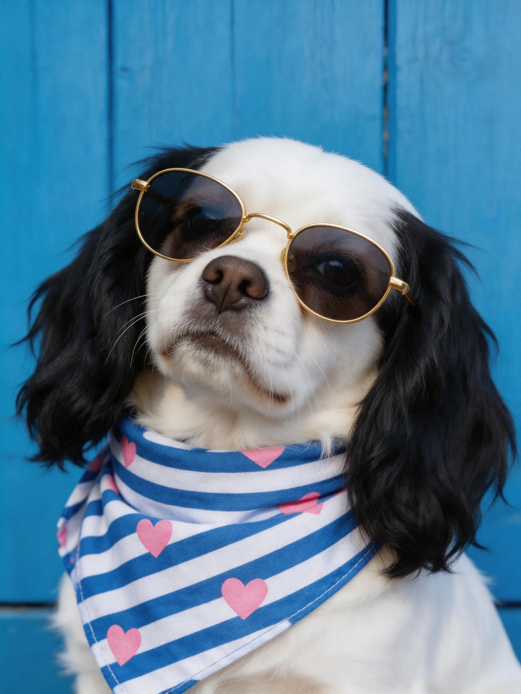A black-and-white dog wears sunglasses and a blue heart bandana.