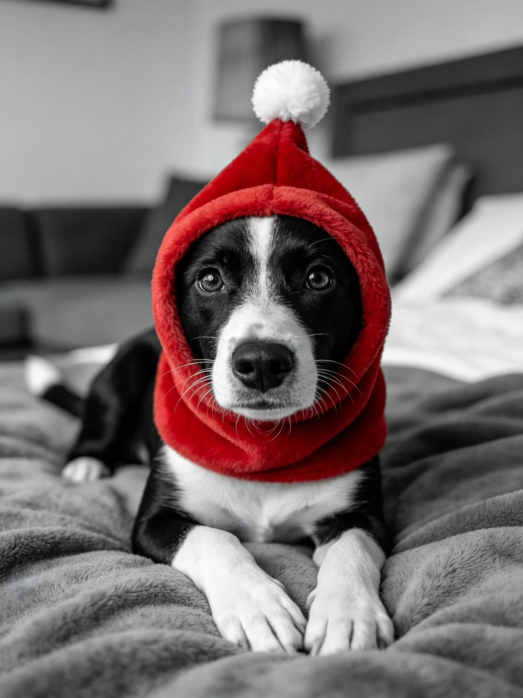 Black and white dog in red Santa hat on gray bed