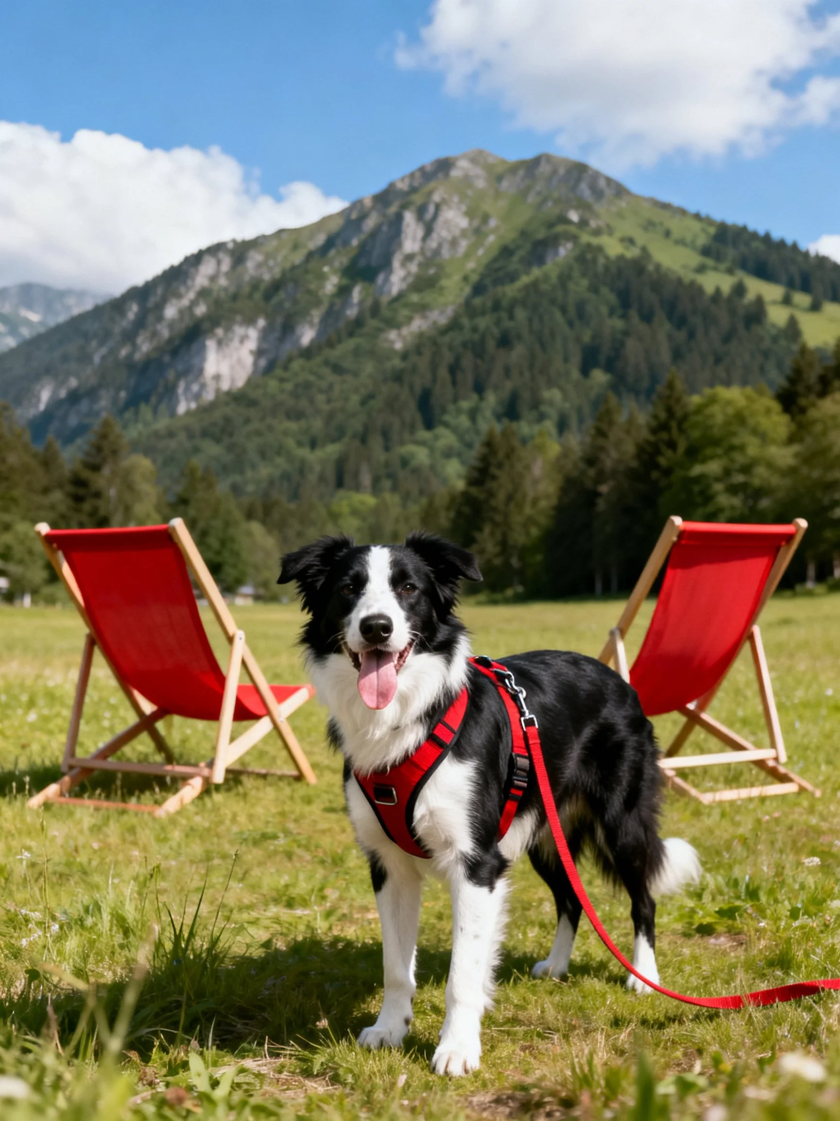 Black and white dog in red harness near two red chairs by green mountains