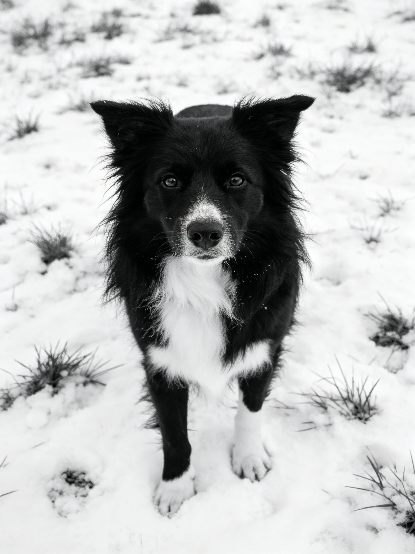 Black and white dog in snowy terrain with scattered vegetation