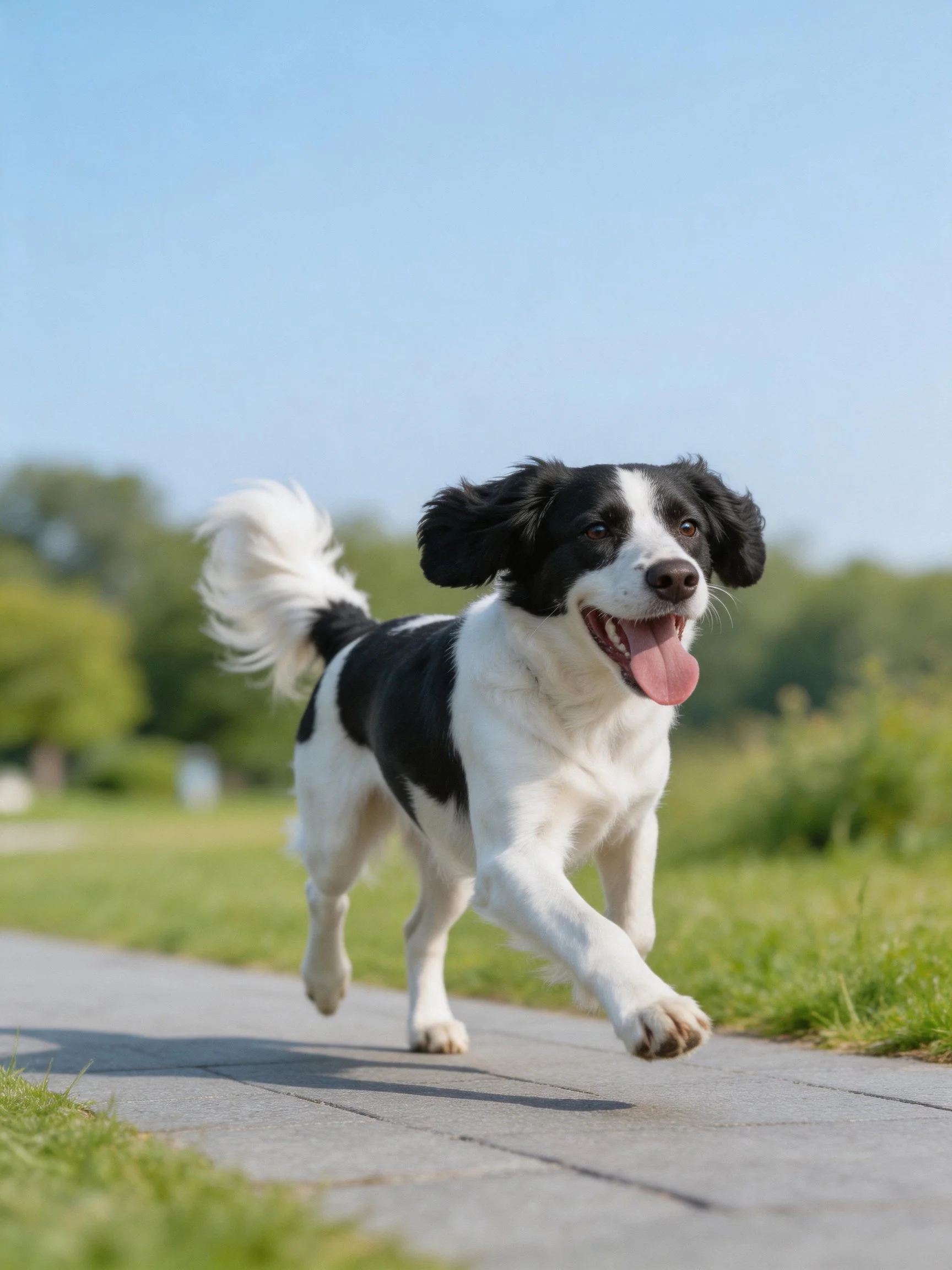 A black and white dog runs happily along a sunny outdoor path.