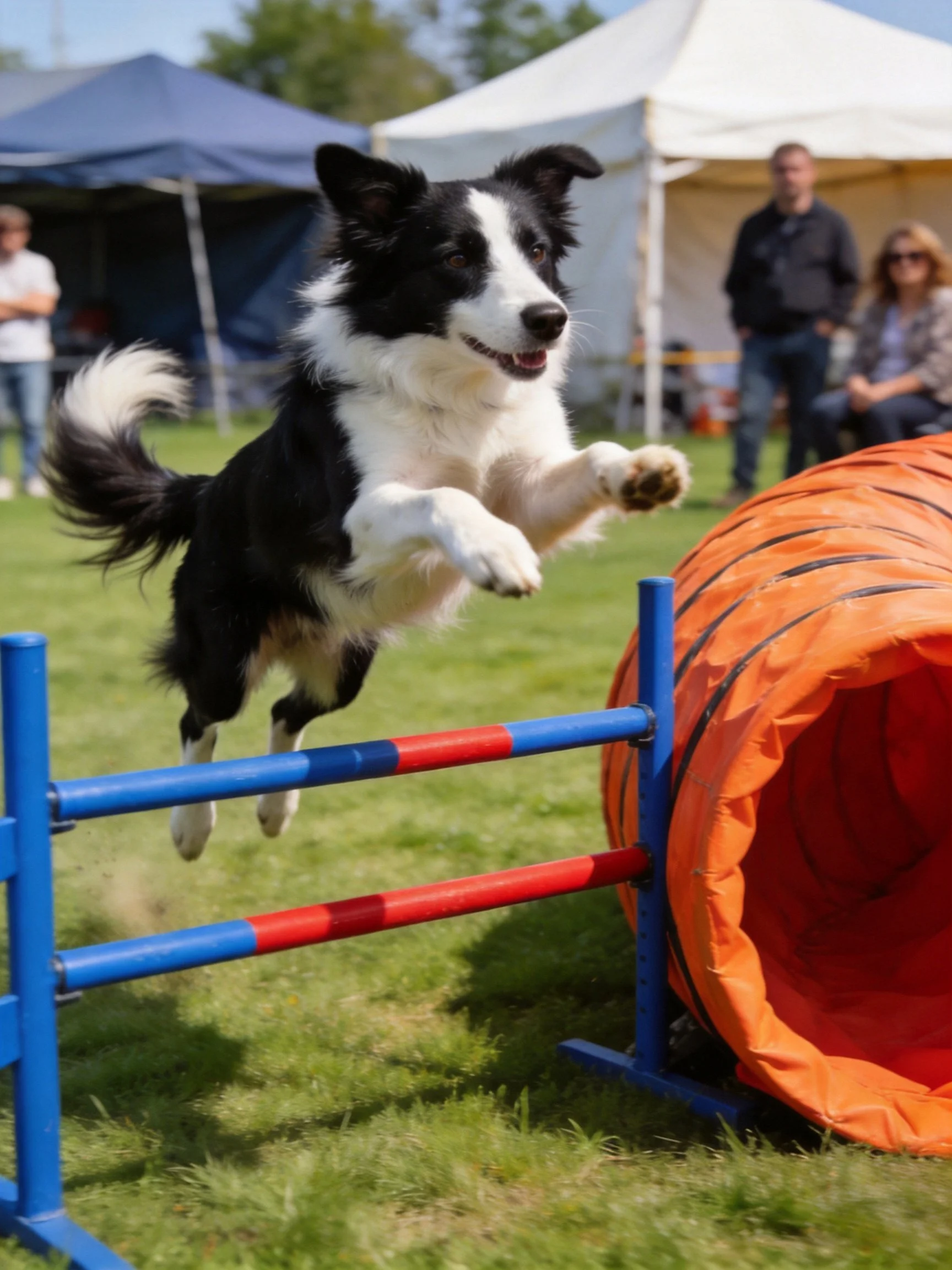 Black and white dog leaping over blue-red hurdles near orange agility tunnel