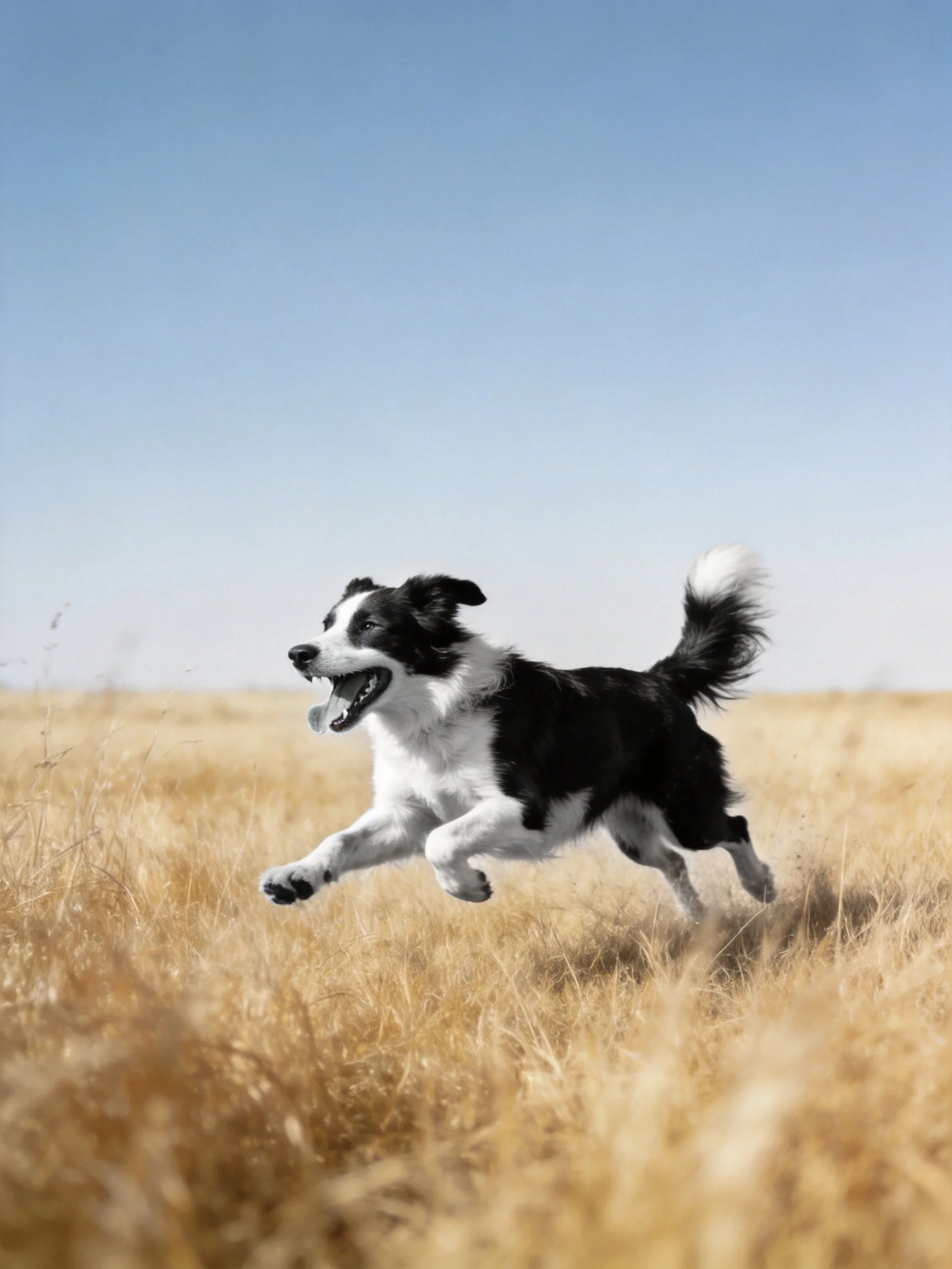 Black and white dog leaping through golden grass under clear blue sky