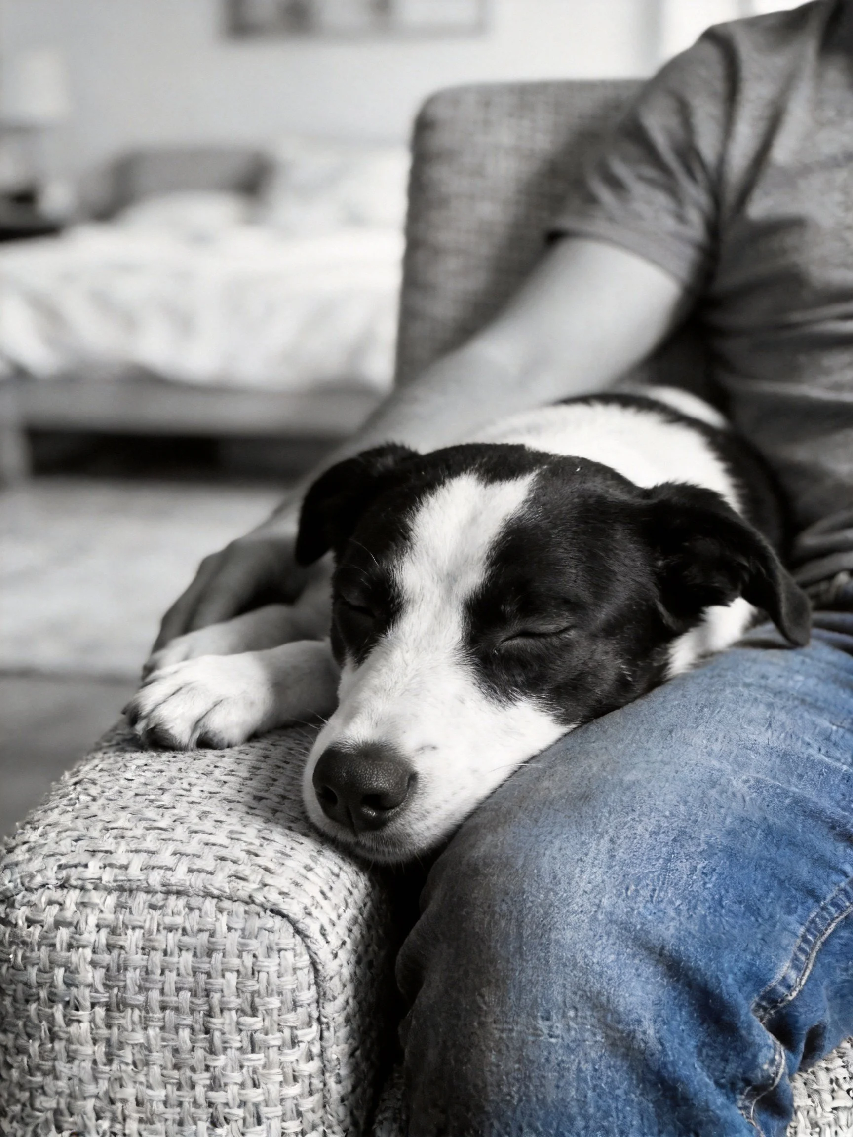 A black and white dog sleeps comfortably on a person’s lap in a home setting.