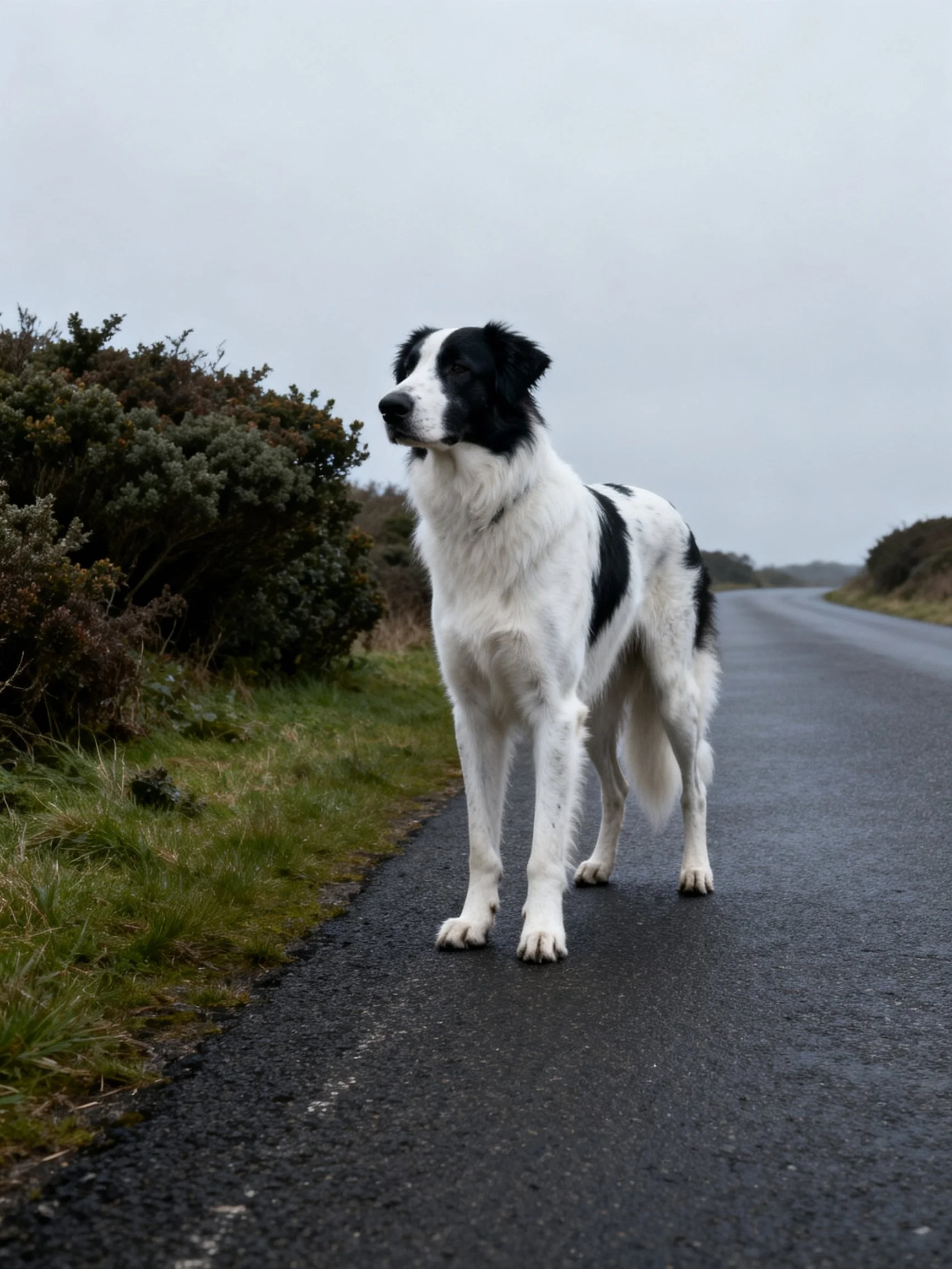 Black and white dog on wet asphalt road near shrubs