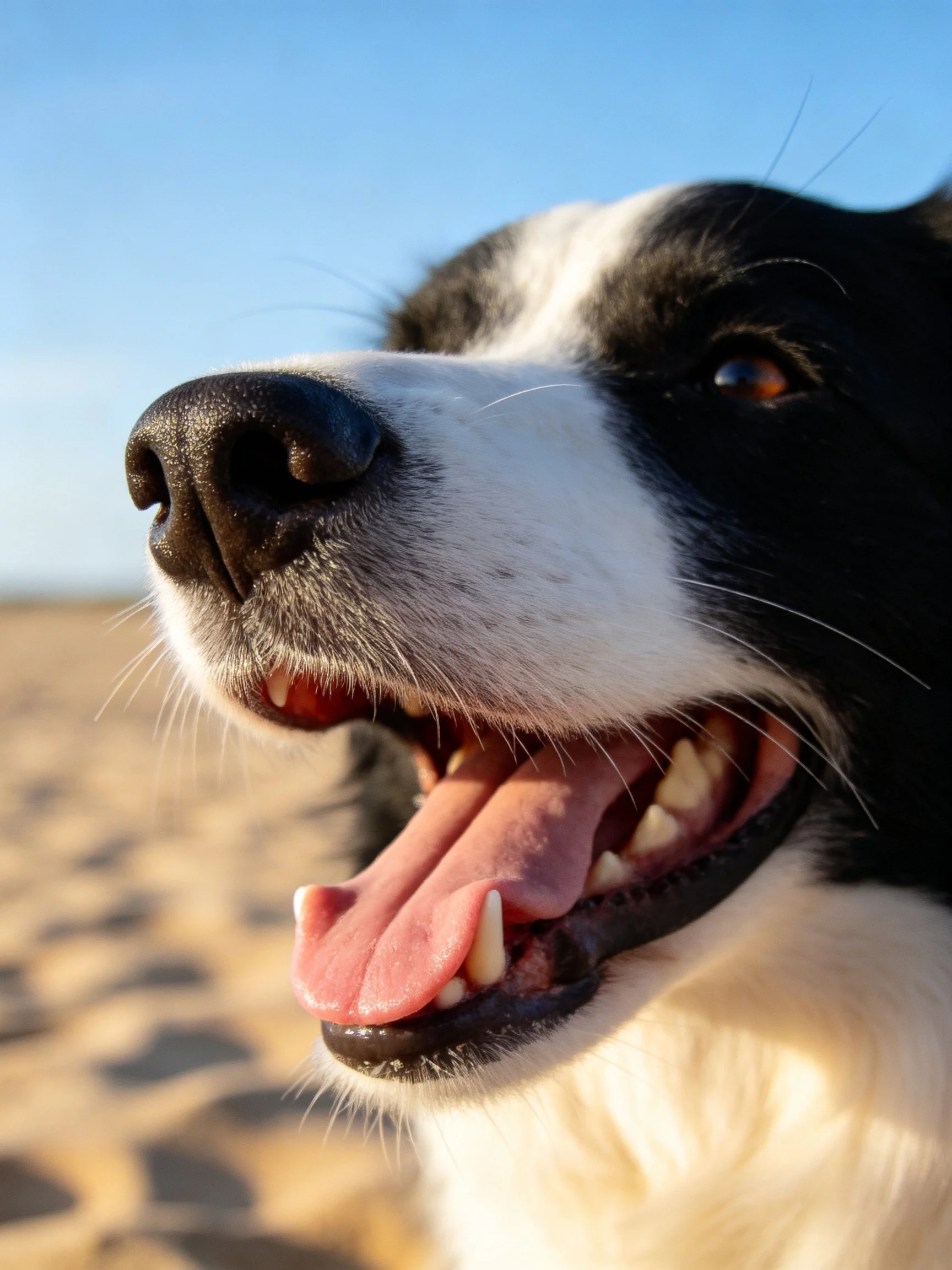 Black and white dog panting on sandy outdoor terrain