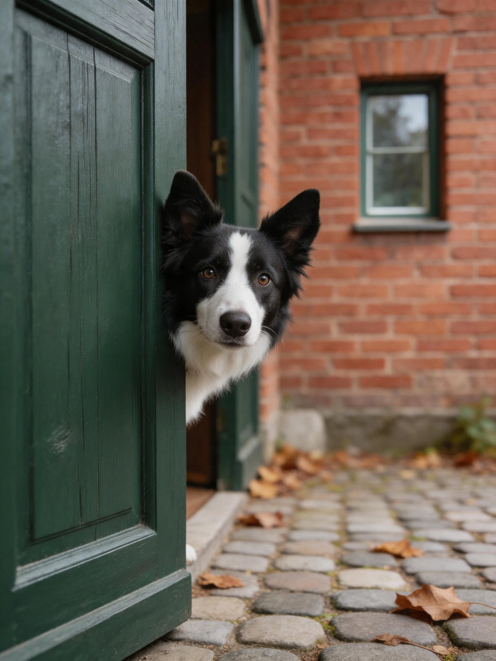 A black and white dog looks out from a green doorway next to a brick building.
