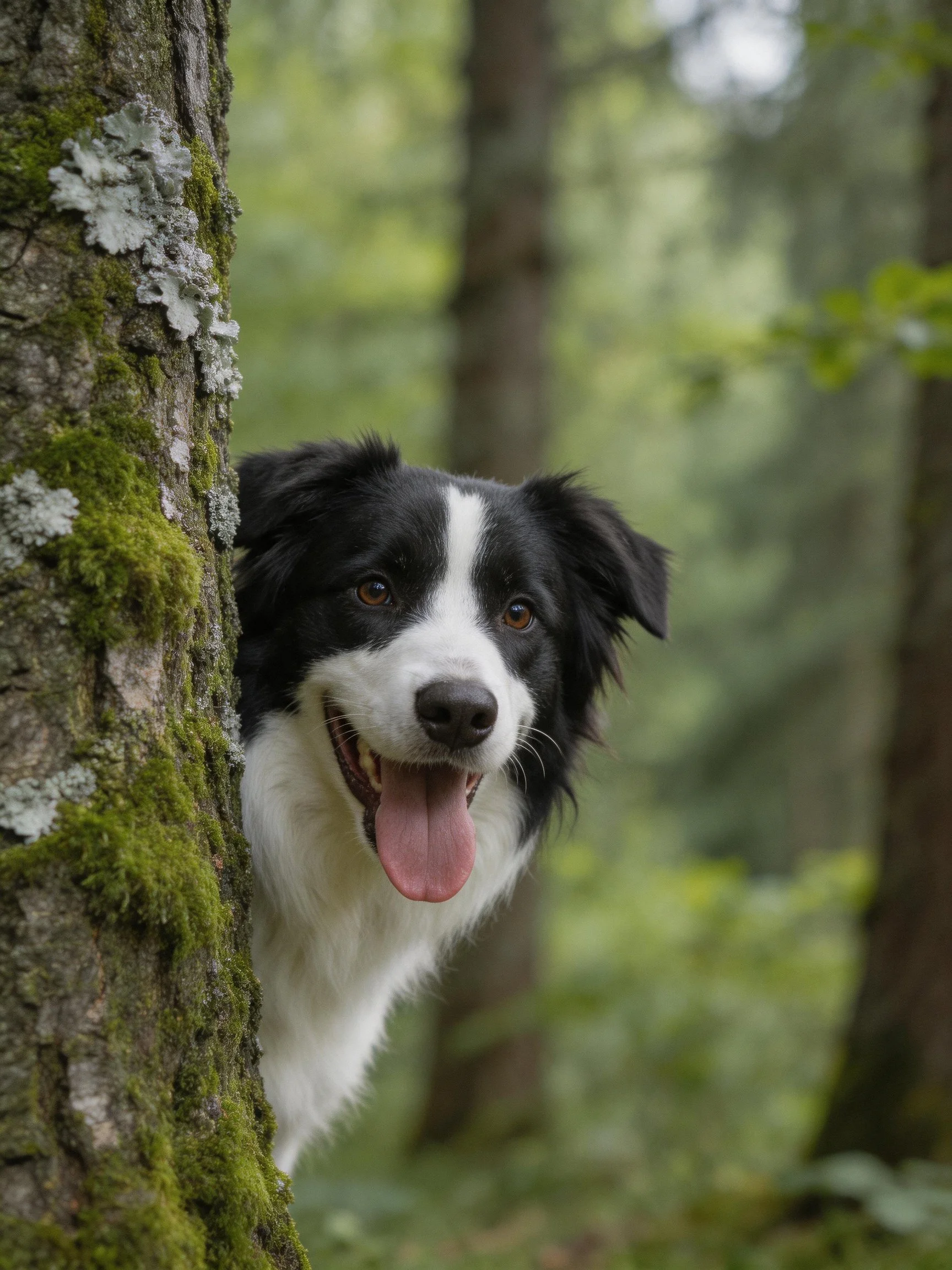 Black and white dog peeks from mossy tree trunk in forest