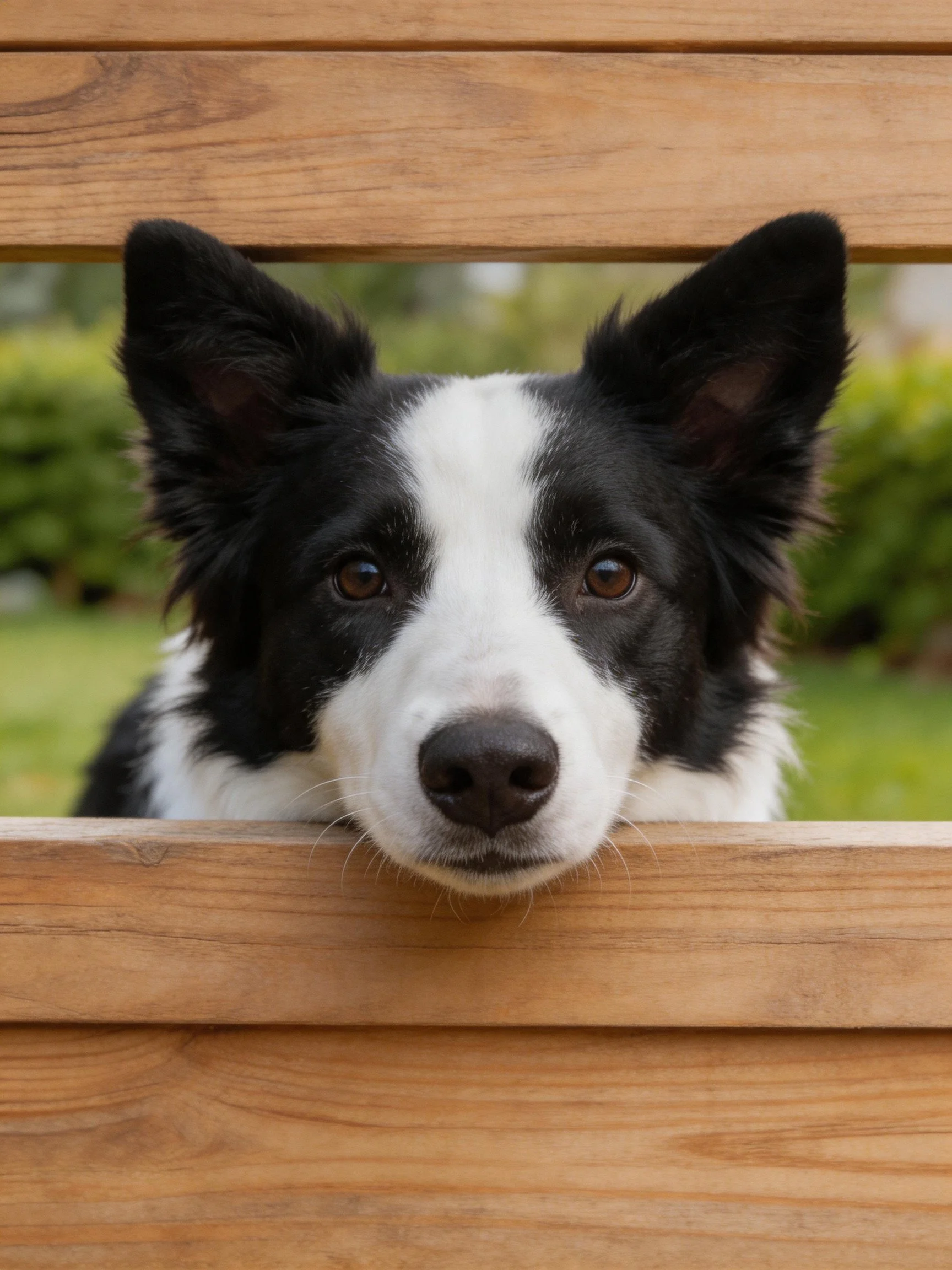 Black and white dog peering through wooden fence slats