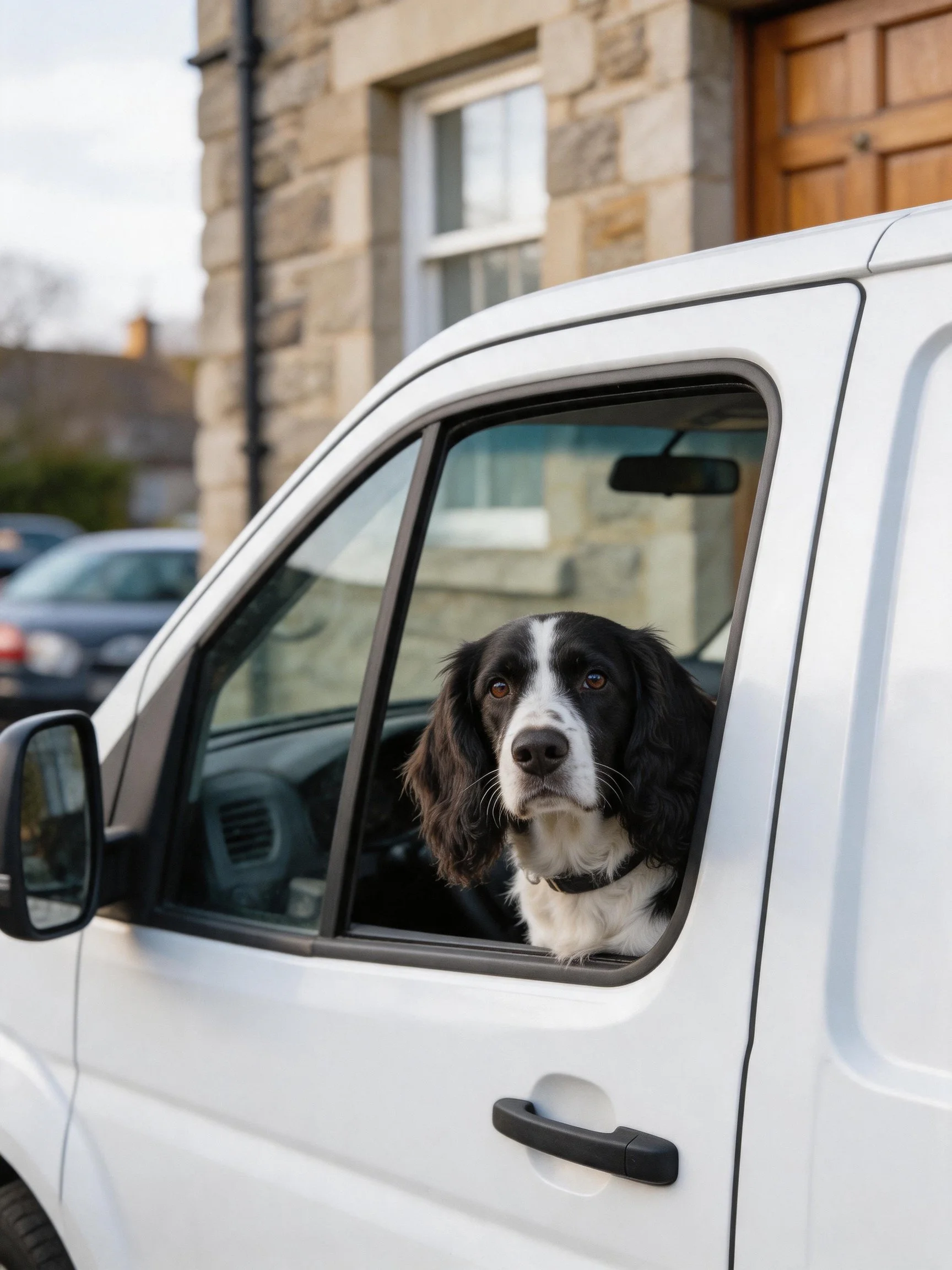 Black and white dog peers from white van window