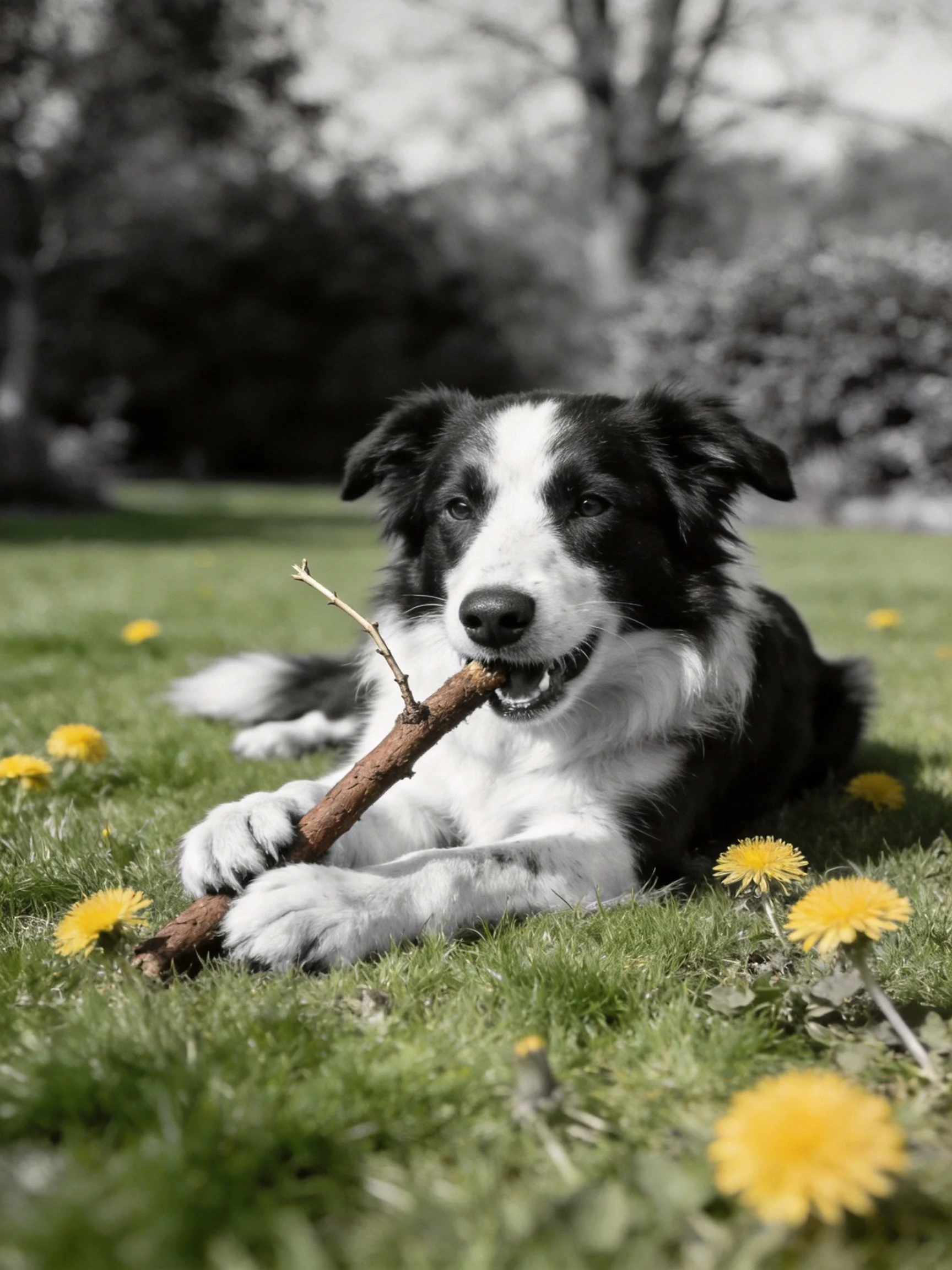 Black and white dog playing with brown stick near yellow flowers on green grass