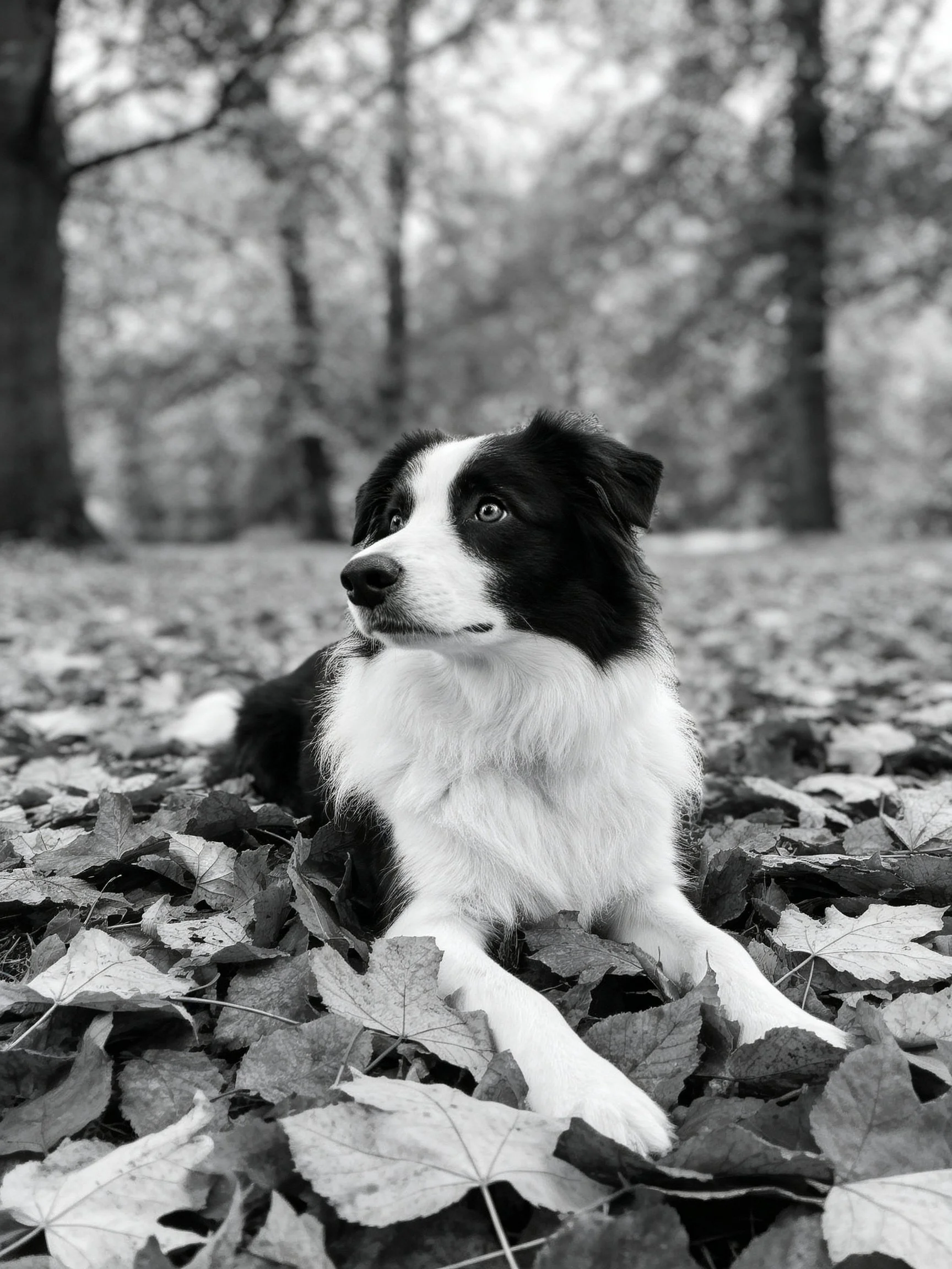 A black and white dog lies among fallen leaves in a forested outdoor setting.