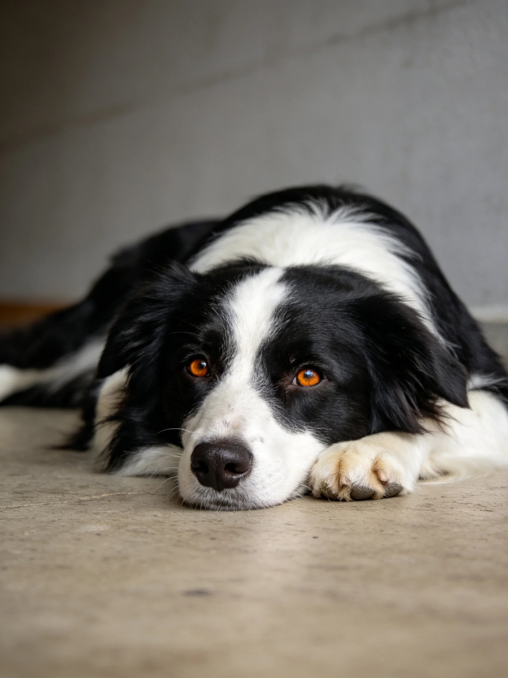 A black and white dog relaxes on a concrete floor.