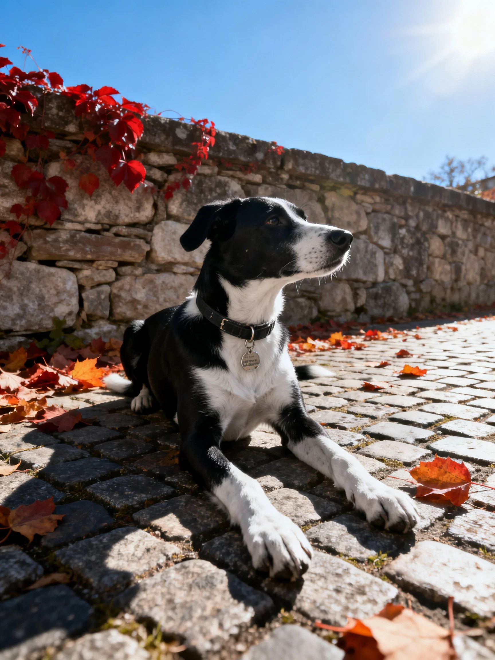 A black and white dog relaxes on cobblestones near a stone wall with autumn elements.
