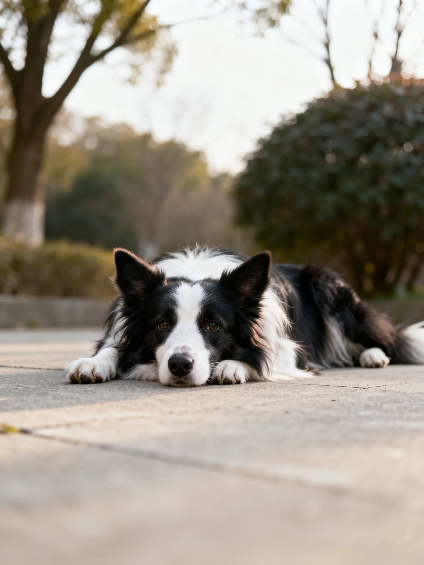 A black and white dog relaxes on a concrete path amid greenery.