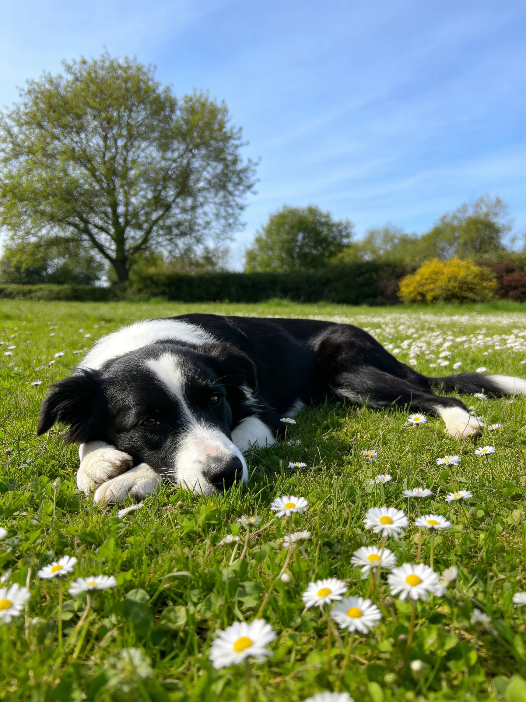 A black and white dog relaxes on a grassy field dotted with daisies near trees.