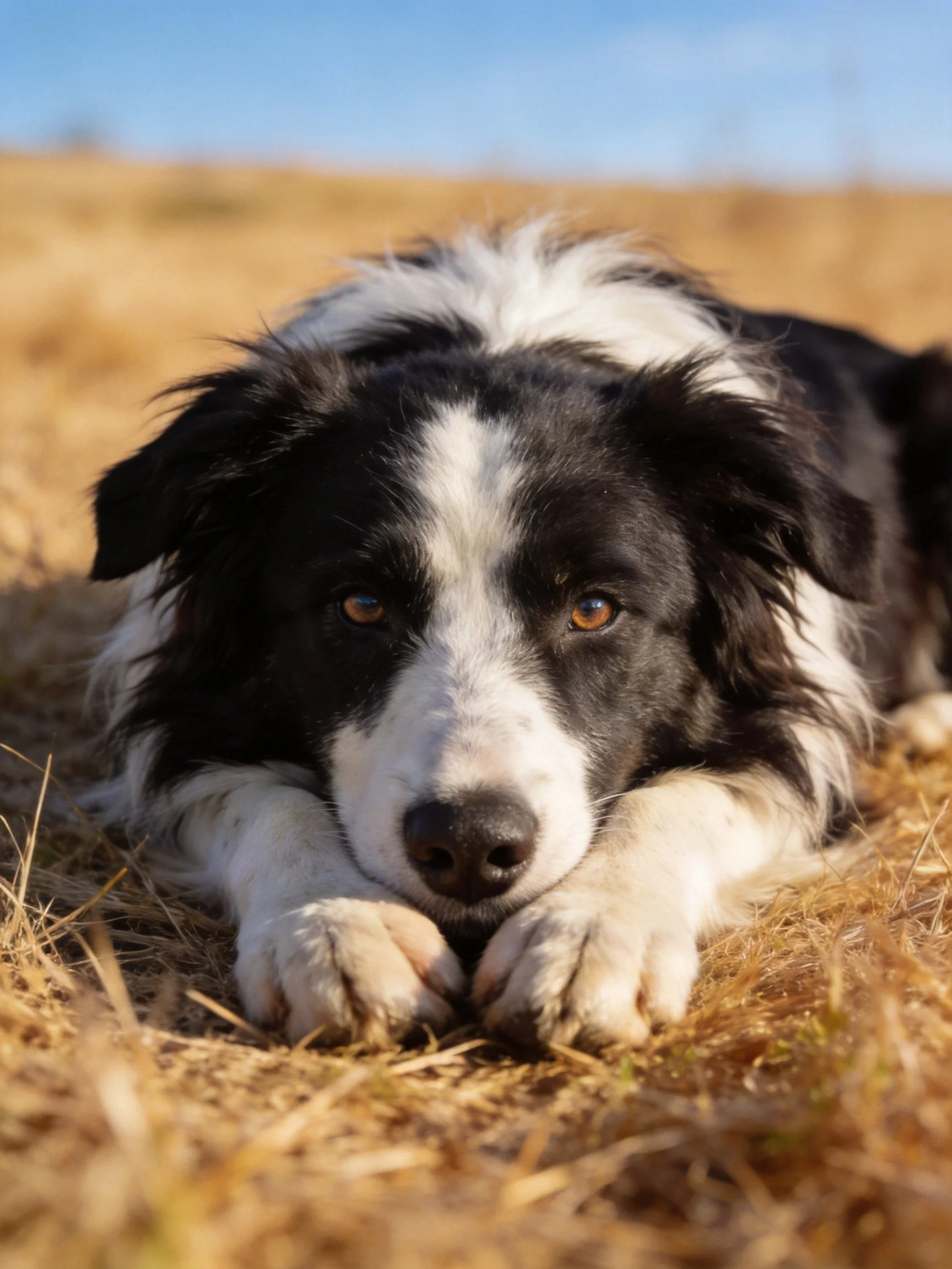 A black and white dog rests on dry grass in a sunlit open area.