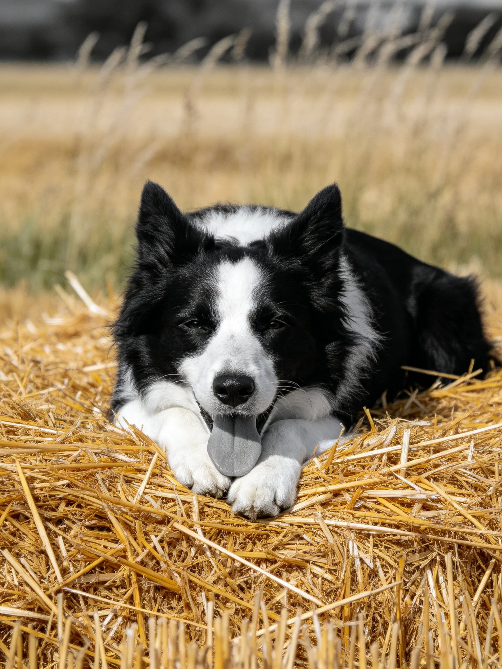 A black and white dog relaxes on straw in a sunlit open field.