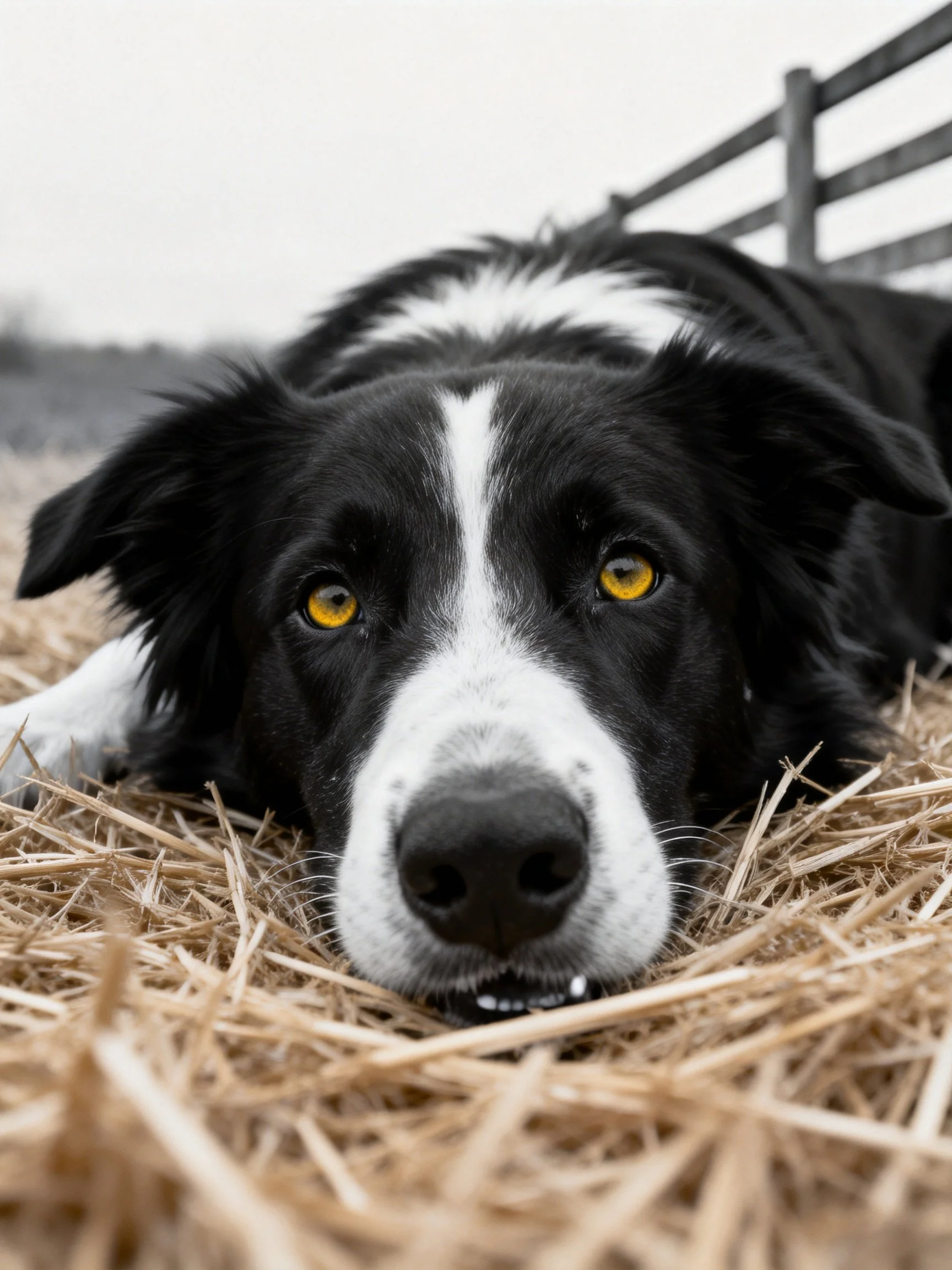 A black and white dog lies on straw with a wooden fence in the background